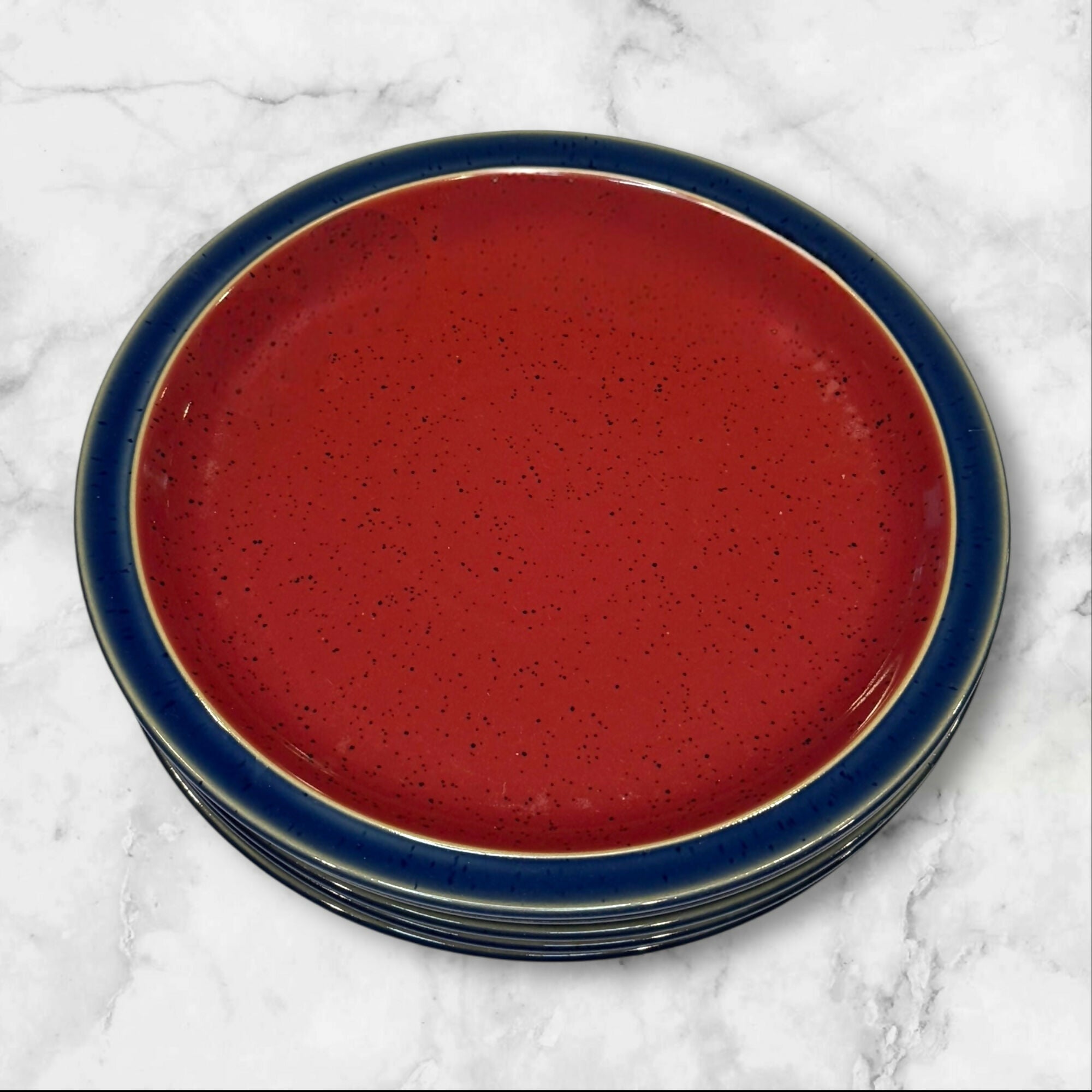 Denby-Langley Harlequin Red Blue Stoneware Salad Plates | Set of 5 | Great Condition