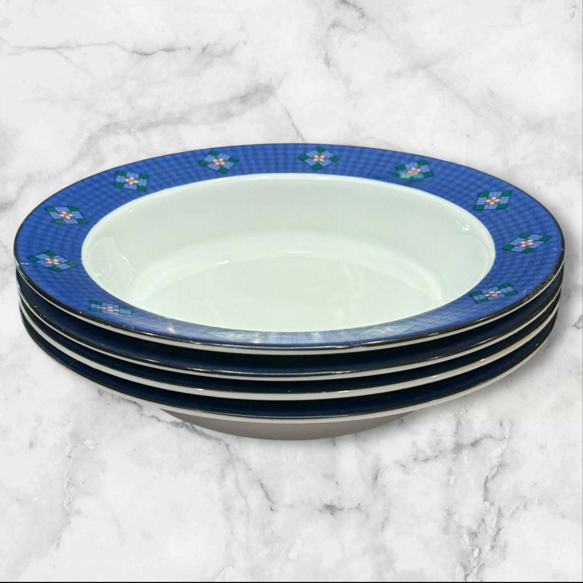 Dansk Nine Patch Rim Soup Bowls Blue White | Set of 4 | Great Condition