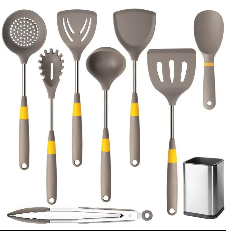 Anygleam Cooking Utensil 8 Set Khaki Heat Resistant Tools with 1 Rice Spatula and 1 Storage for Spatula Kit Kitchen Accessories Kitchenware for Nonstick Cookware