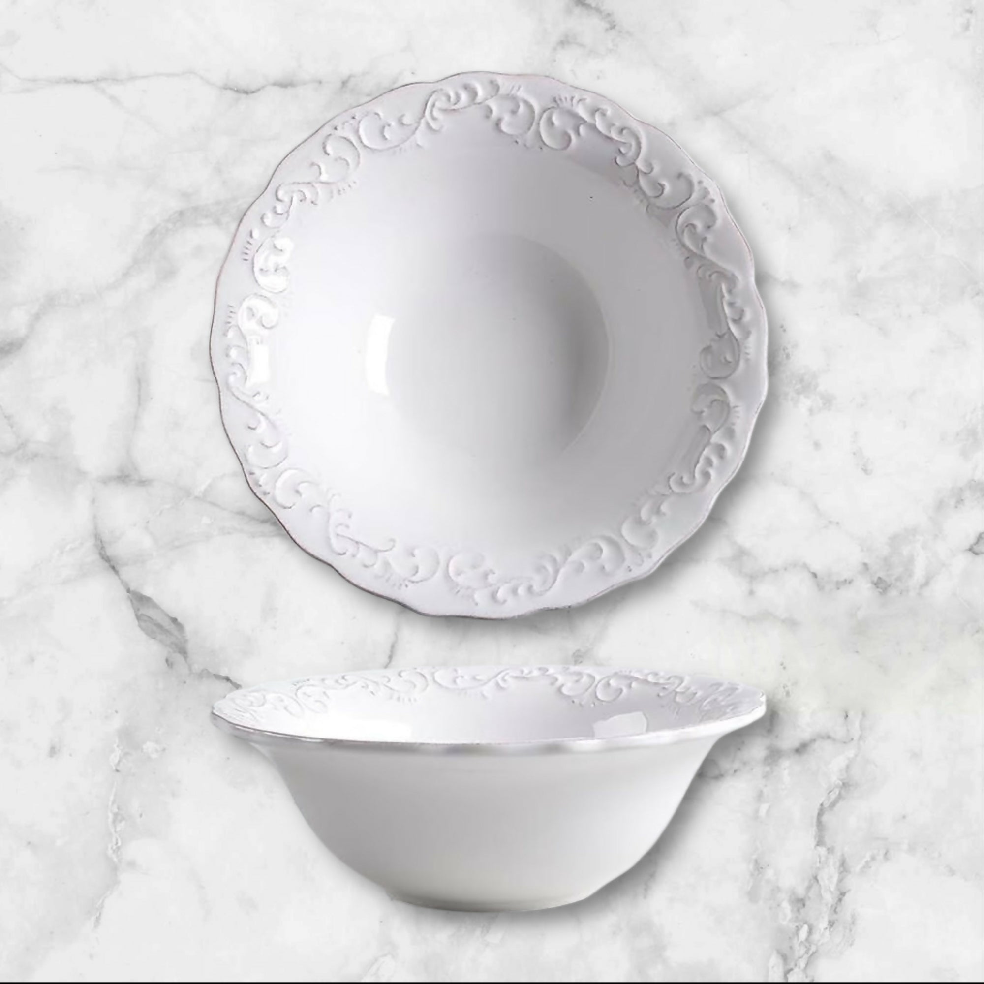 Pier 1 Antique Scroll White Soup Cereal Bowls | Set of 3 | Fair Condition