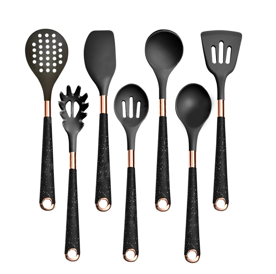 Anygleam Kitchen Utensils Non-stick Black 7 Set Gold Plated Handle with Support Point Cooking Tool Accessories Heat Resistant Kitchenware