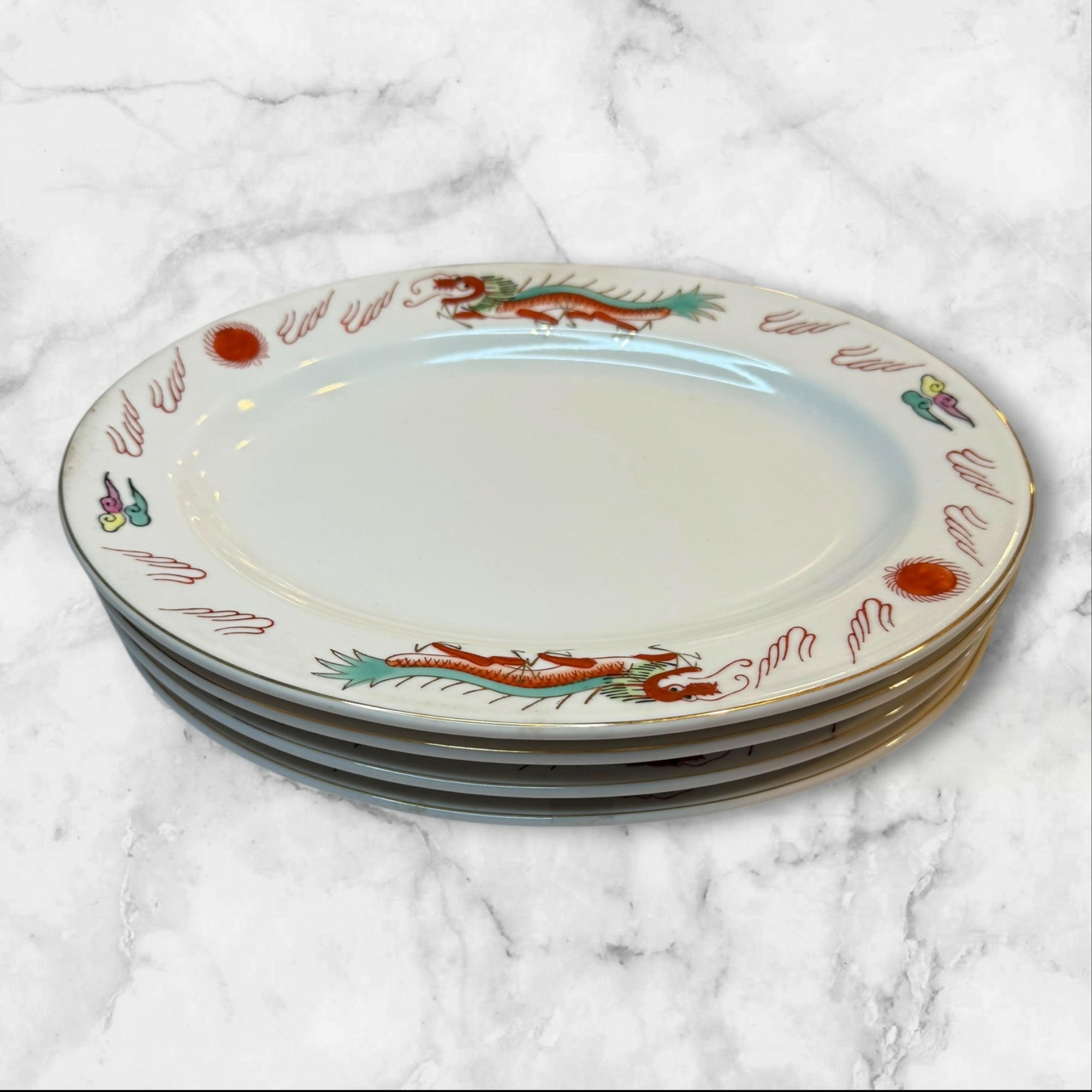 Vintage Red Dragon Oval Dinner Plates Set of 4 | Chinese Restaurant Ware | Exc