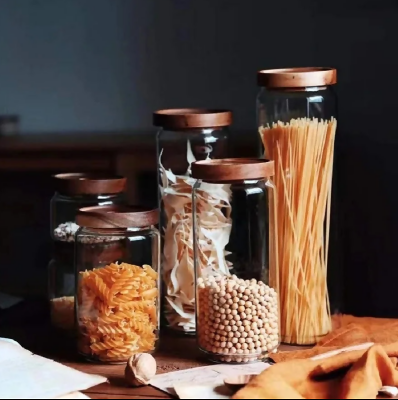 Anygleam Condiments Container 4Pcs Glass Jar Storage With Airtight Wooden Lids Canister