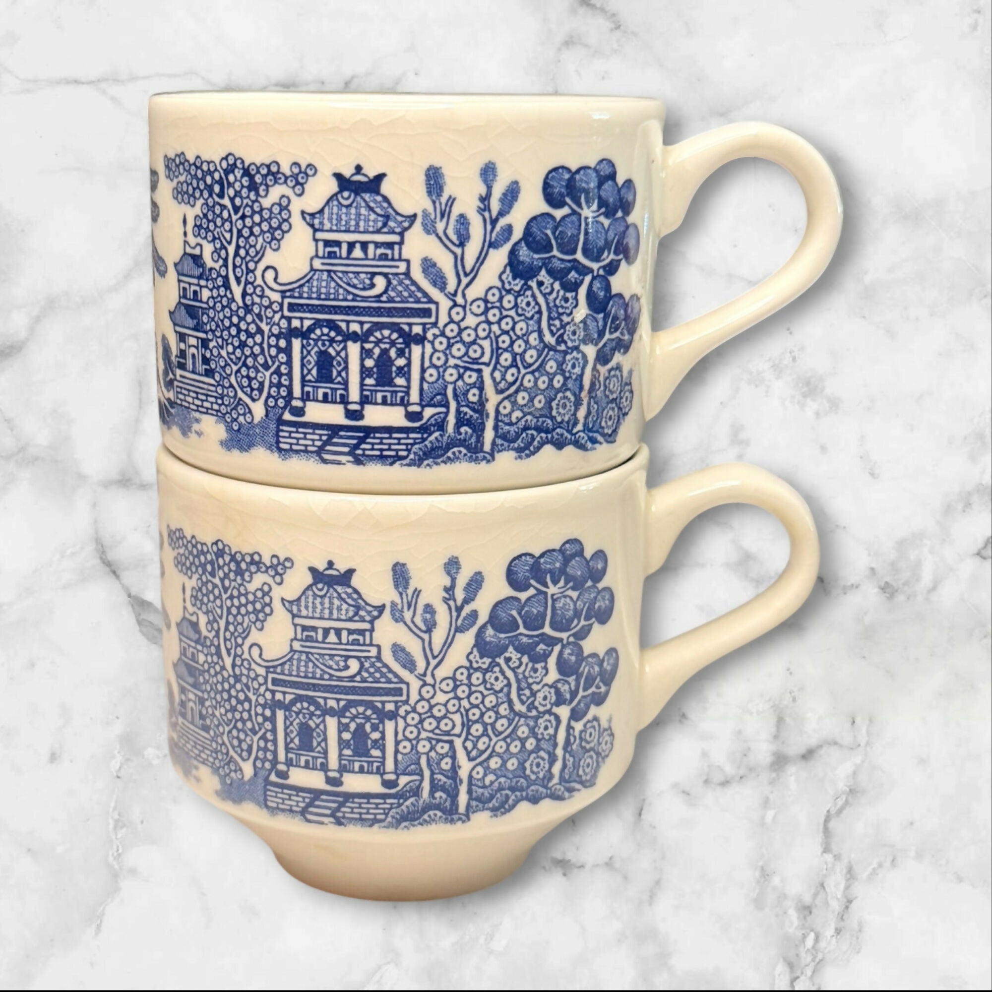 Churchill Willow Blue Georgian Shape Breakfast Cups | Set of 2 | Vintage