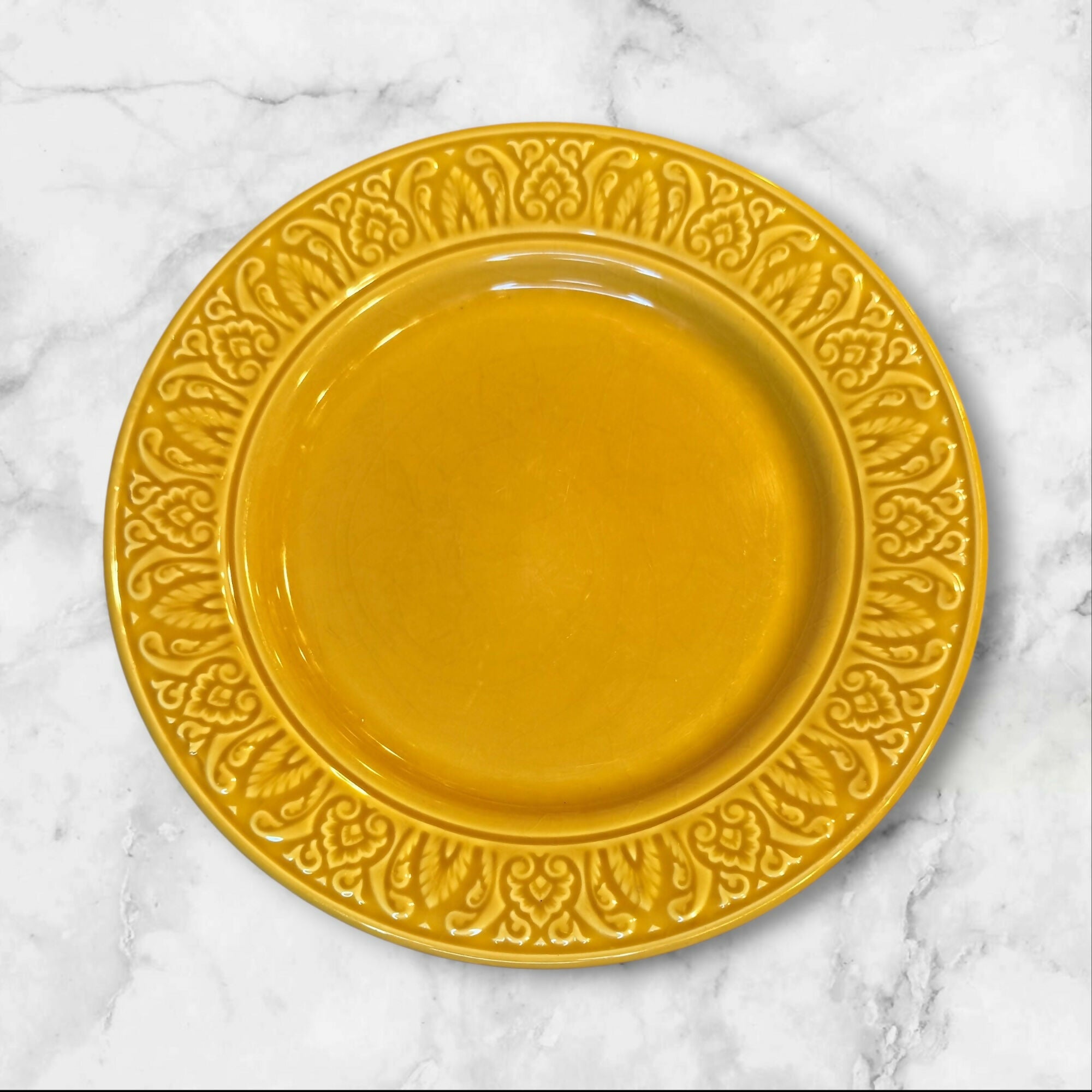 World Market Embossed Yellow Dinner Plates Set of 4 | Good Condition