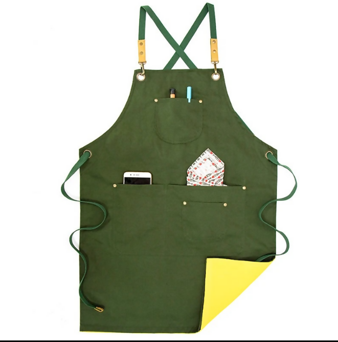 Anypron Green Yellow Cooking Apron for Men Women Chef Cafe Workwear