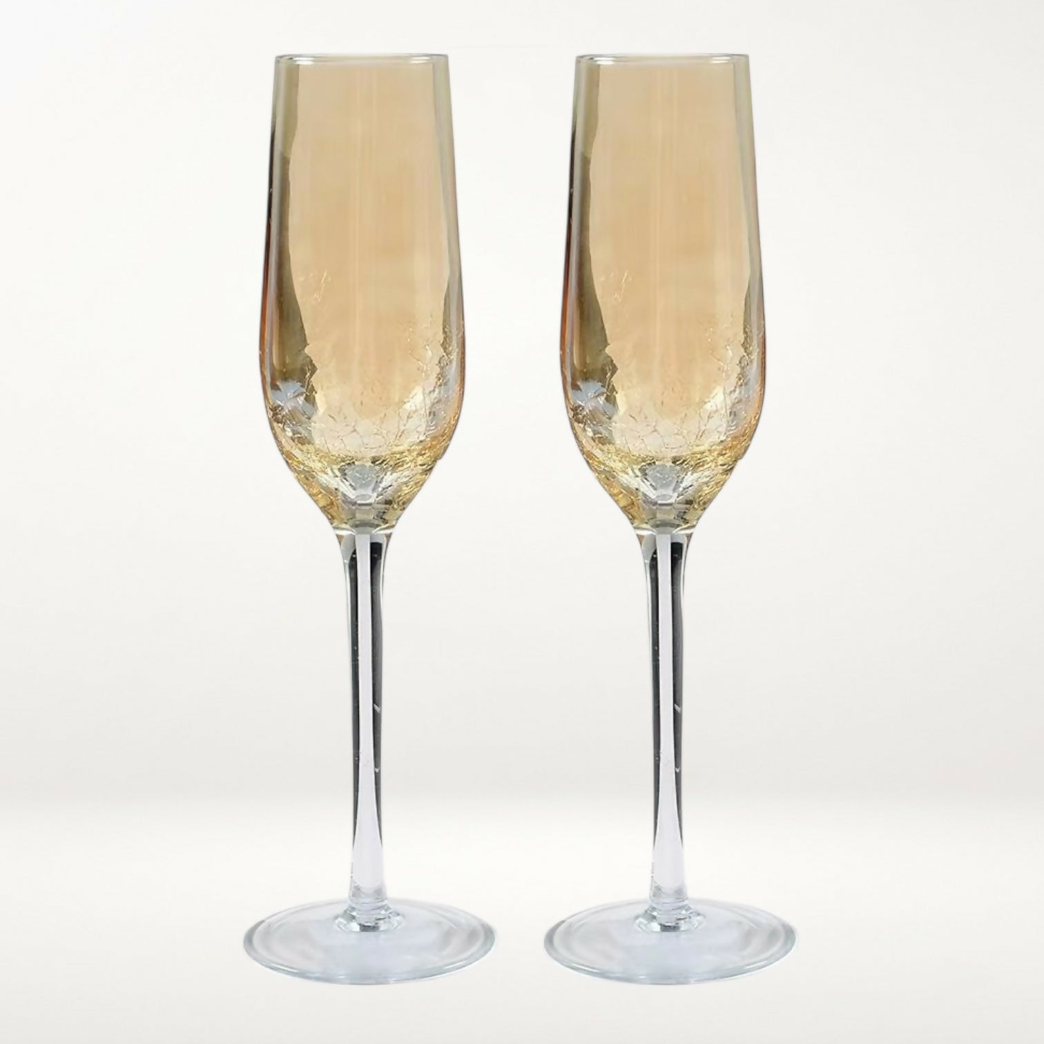Pier 1 Amber Crackle Champagne Flutes Golden Luster | Set of 2 | Excellent Condition