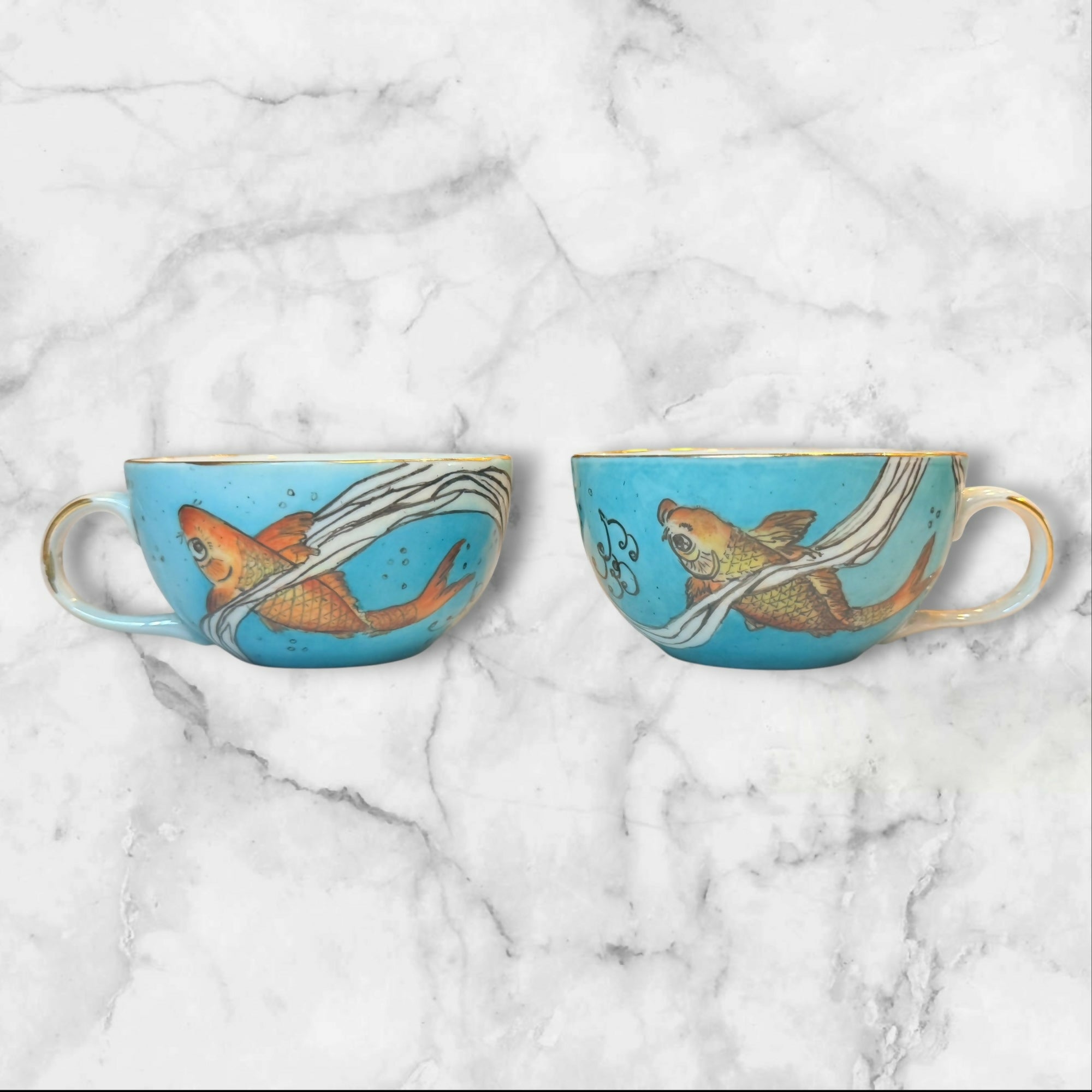 Pier 1 Imports Koi Fish Bouillon Soup Cups Set of 2 | Vintage Rare | Excellent Condition