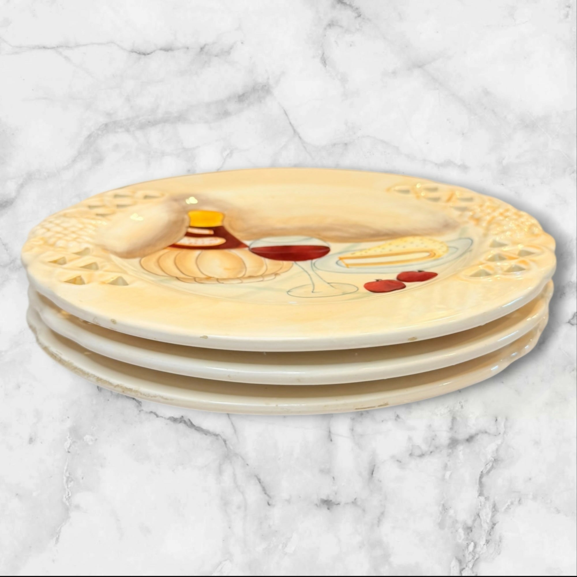 Wine & Cheese Ceramic Dinner Plates | Set of 3 | Gently Used