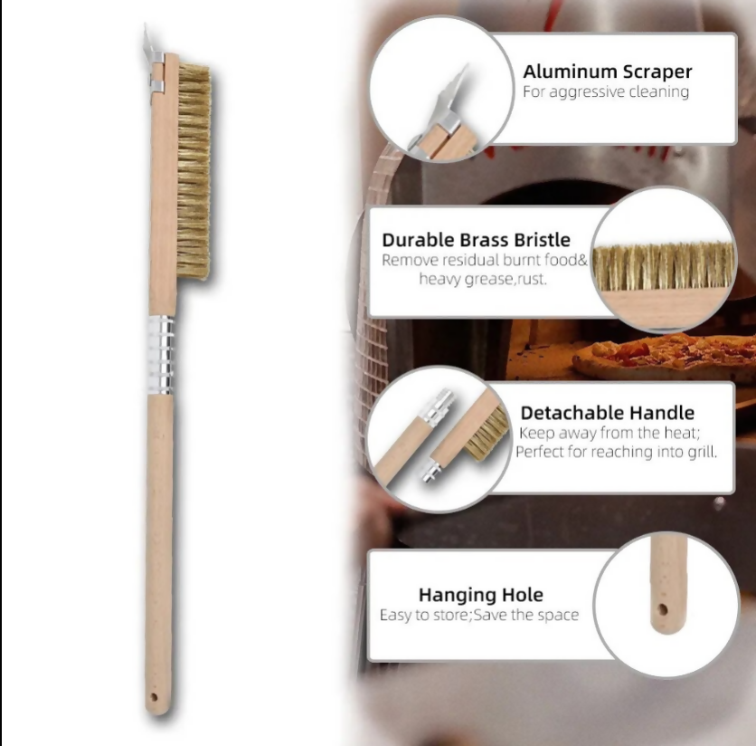 Anygleam Wooden 65cm Pizza Oven Copper Brush with Metal Scraper Tool Cleaning Accessories