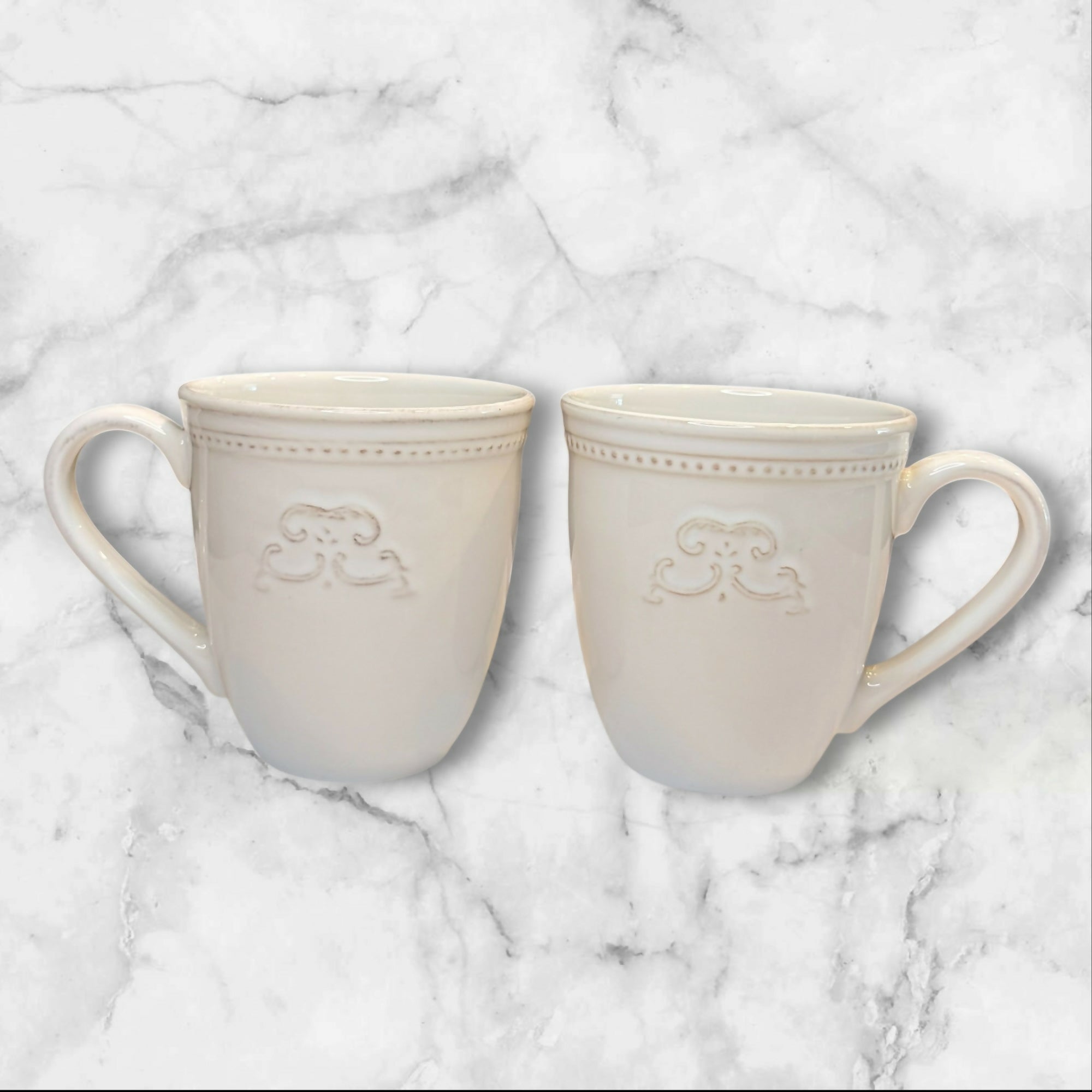 Sur La Table Pearl Stoneware Medallion Mugs | Set of 2 | Excellent Condition