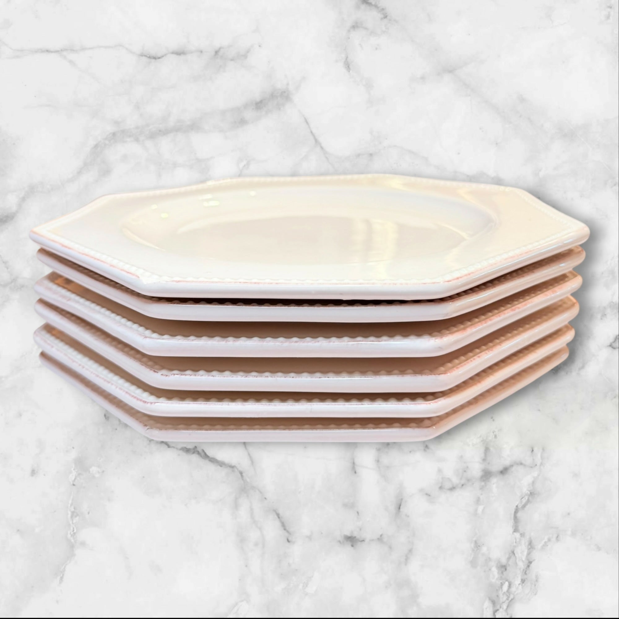 Made in Portugal Octagon Beaded Dinner Plates Ivory Cream | Set of 6 | Good Condition