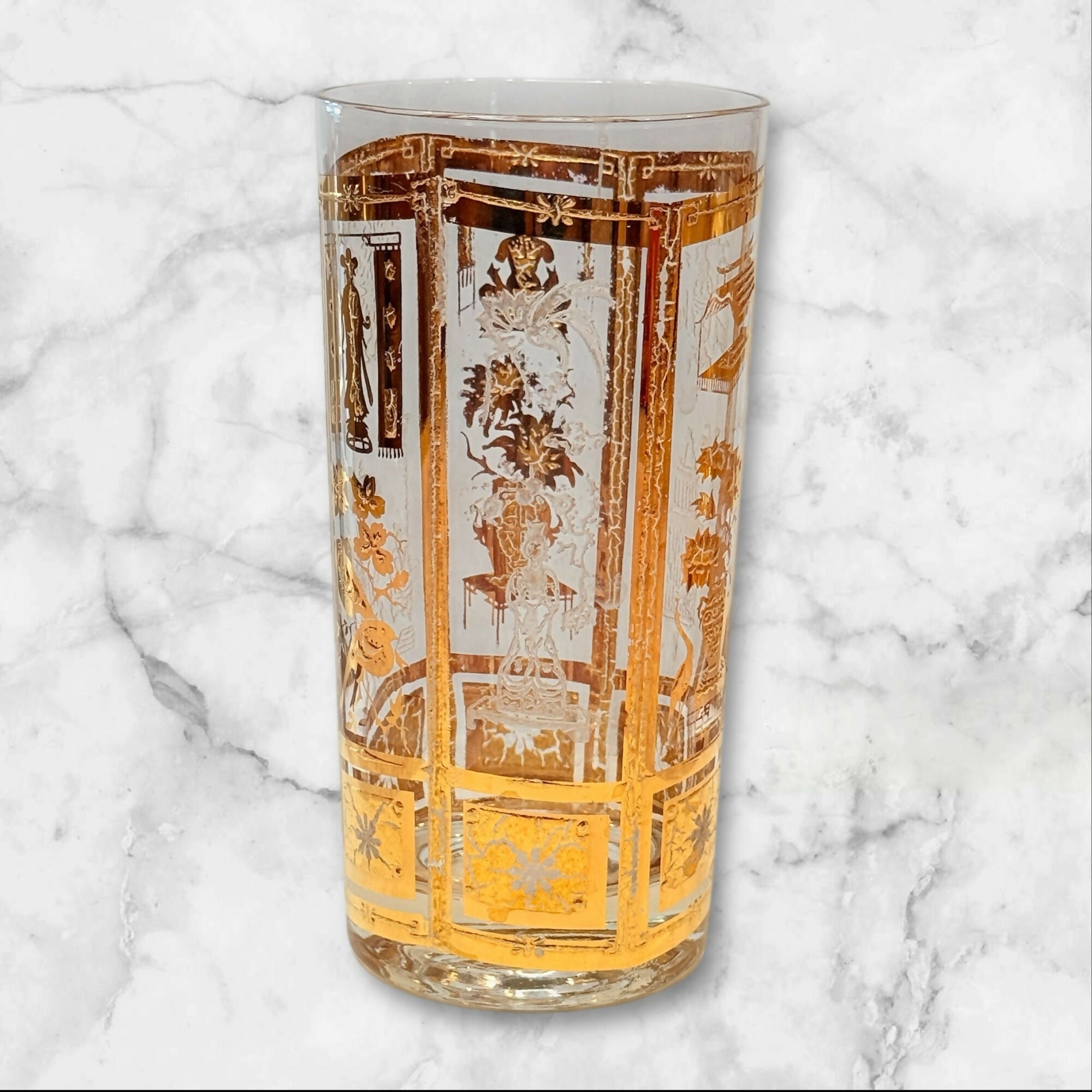 Culver 22K Gold Chinoiserie Bar Glasses | Set of 2 | Vintage MCM