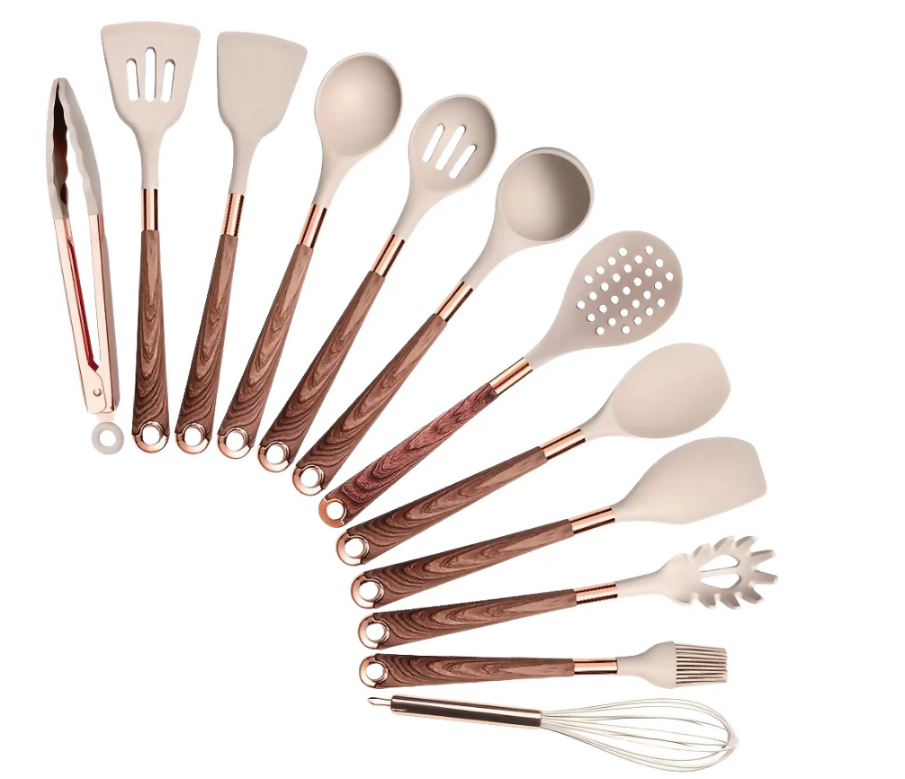 Anygleam Kitchen Utensils Non-stick Brown 12 Set Gold Plated Handle with Support Point Cooking Tool Accessories Heat Resistant Kitchenware