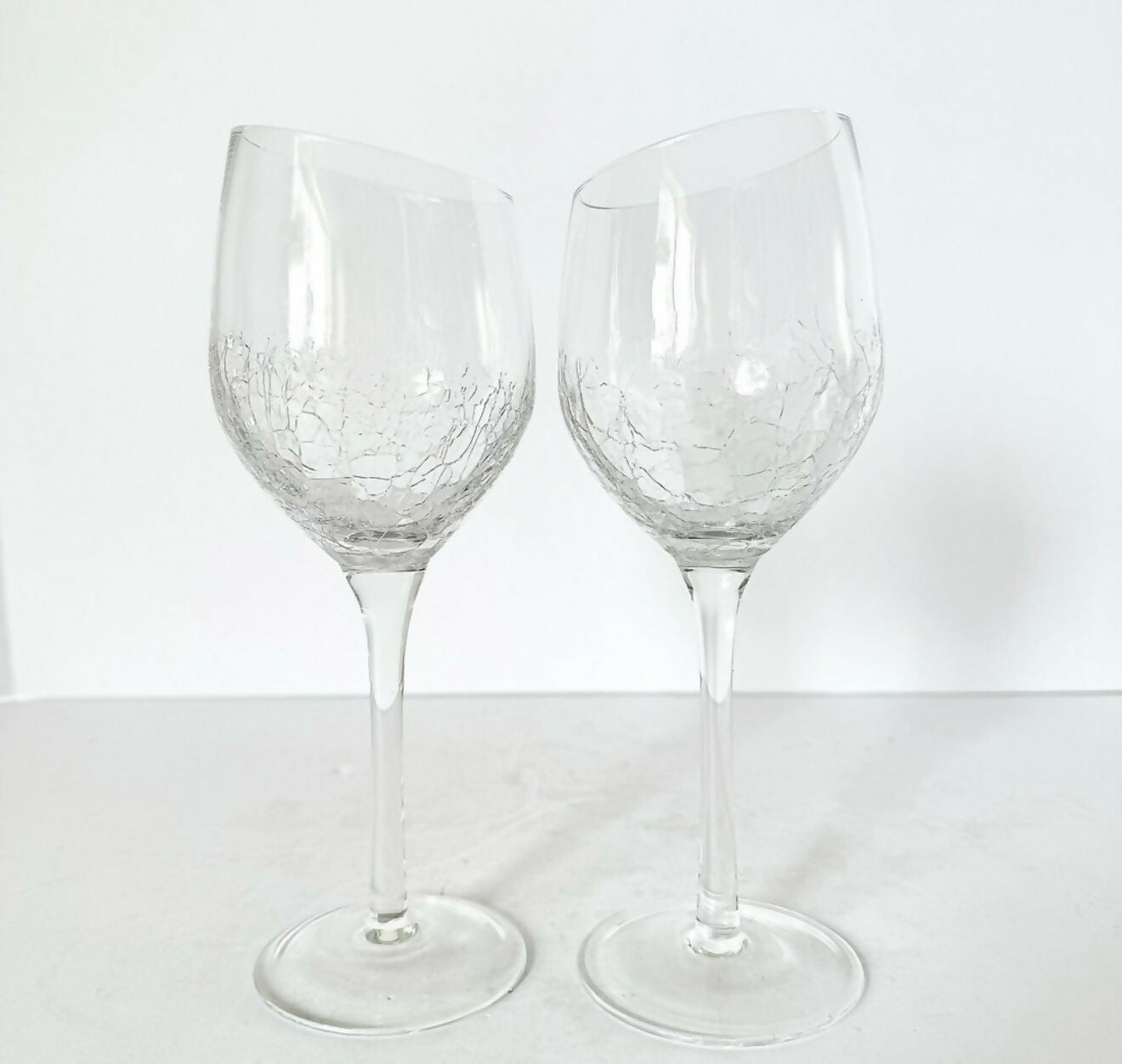 Pier 1 Angled Rim Crackle White Wine Goblets Set of 2 | Excellent Condition