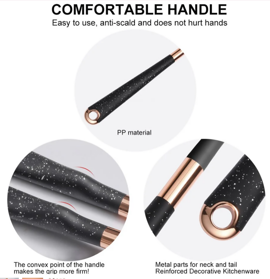 Anygleam Kitchen Utensils Non-stick Black 9 Set Gold Plated Handle with Support Point and Storage Box Cooking Tool Accessories Heat Resistant Kitchenware