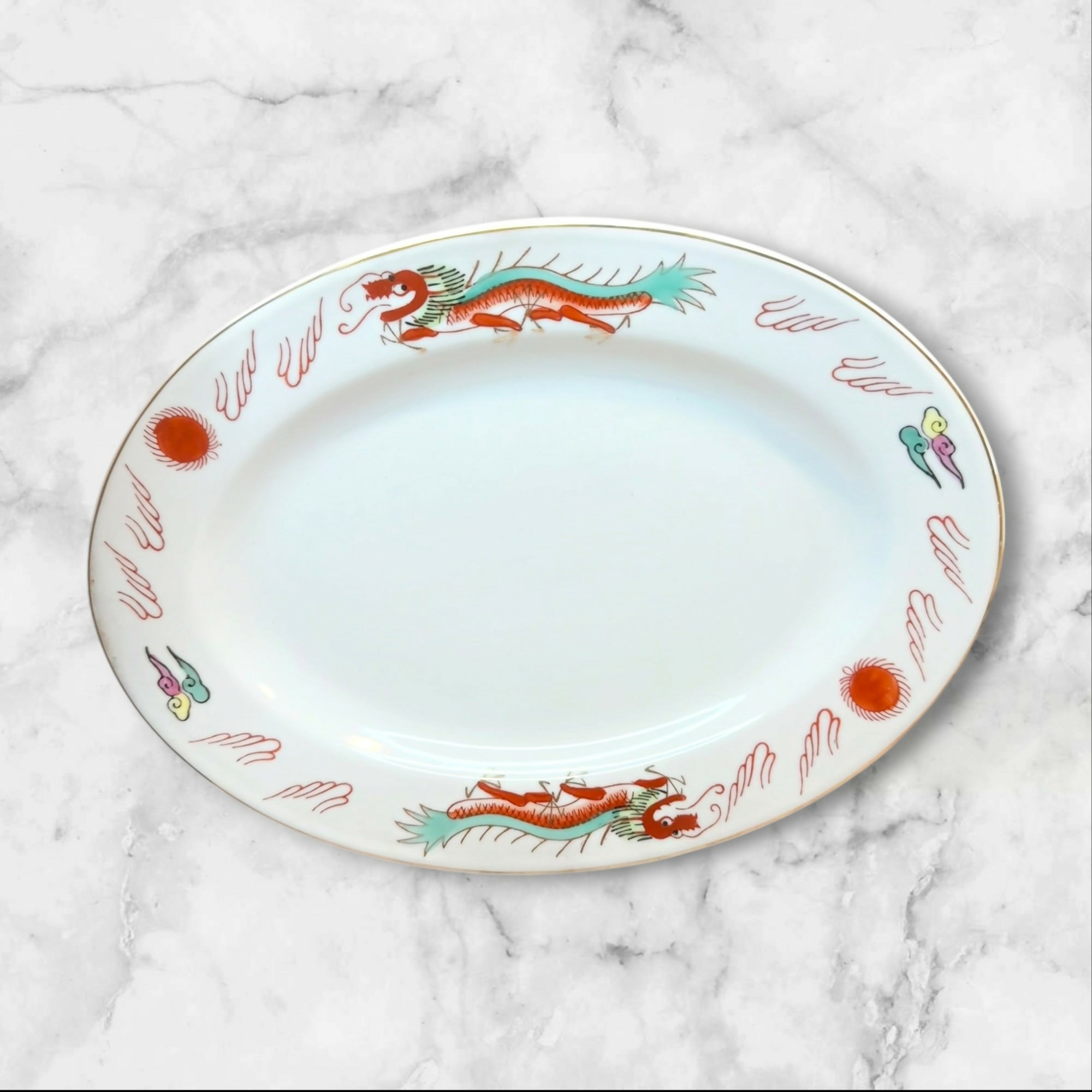 Vintage Red Dragon Oval Dinner Plates Set of 4 | Chinese Restaurant Ware | Exc
