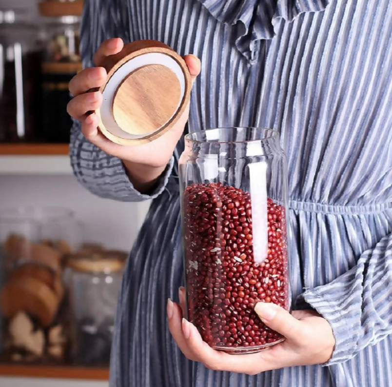 Anygleam Condiments Container 4Pcs Glass Jar Storage With Airtight Wooden Lids Canister