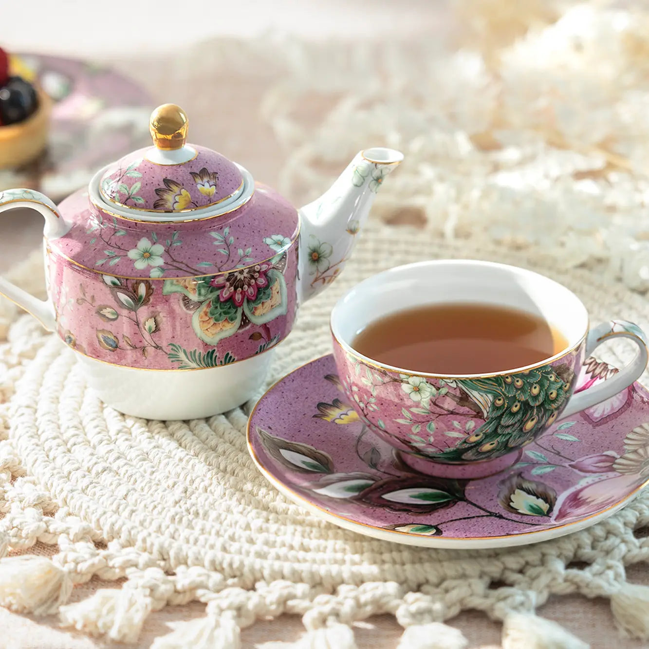 Grace Teaware Peacock Lotus Tea for One Set | Pink Gold Trim
