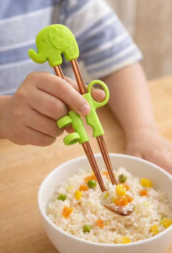 Anygleam Green Red Rainbow Elephant Chopsticks – 1 Pair | Reusable Stainless Steel Cartoon Kids Utensils