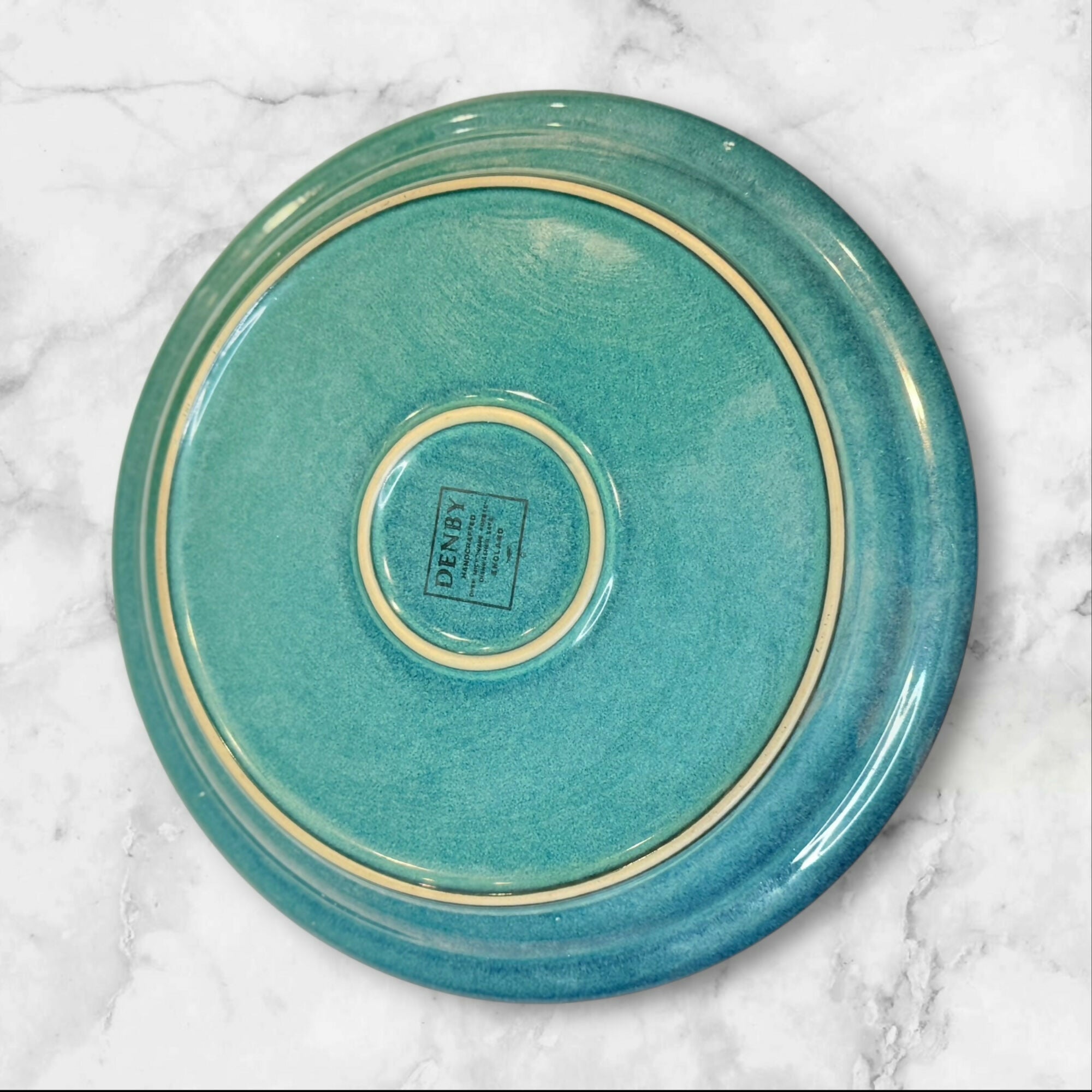 Denby Langley Greenwich Dinner Plates Set of 4 Green Rim 10.25” Stoneware