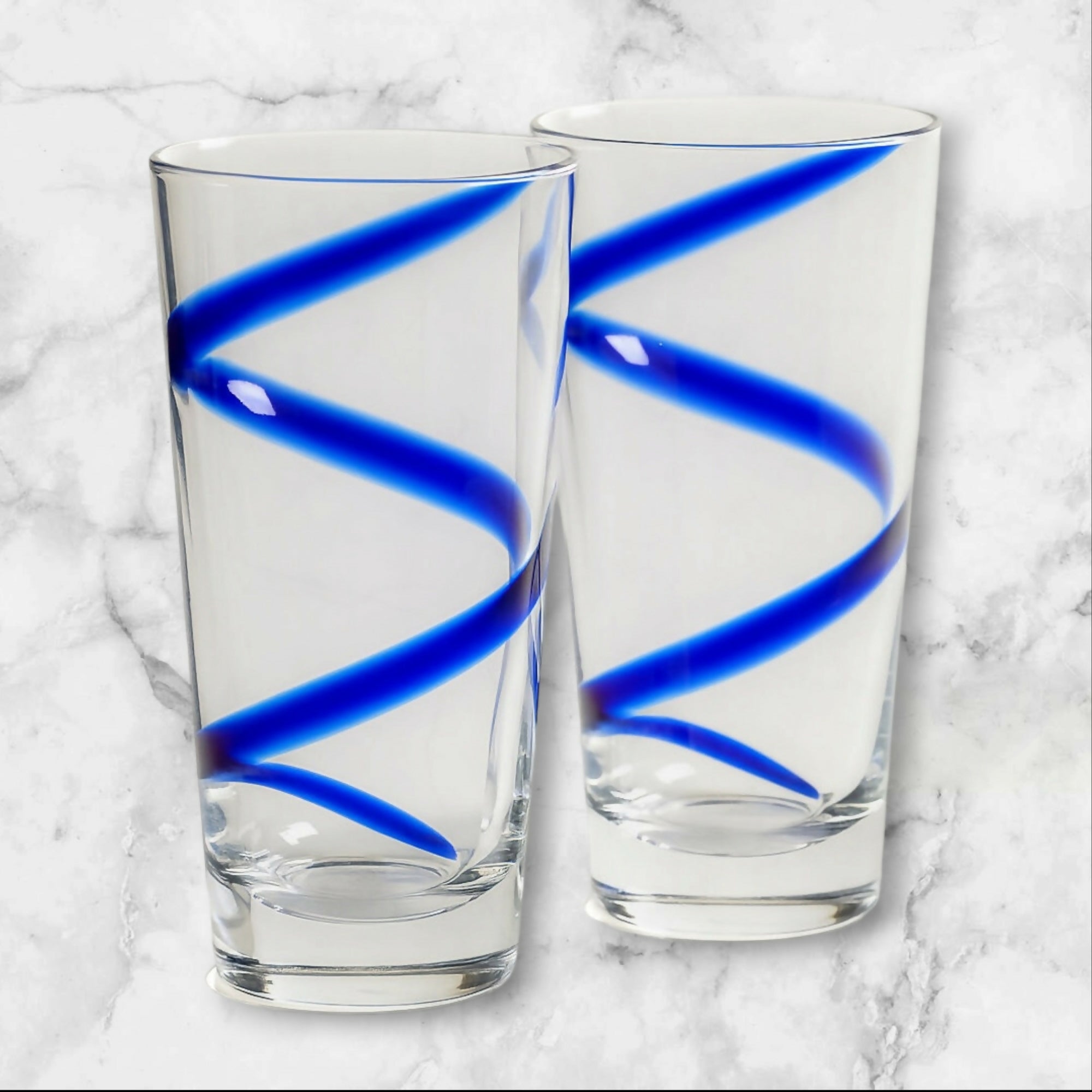 Pier 1 Swirline Cobalt Highball Glasses Set of 2 | Hand Blown Blue Swirl
