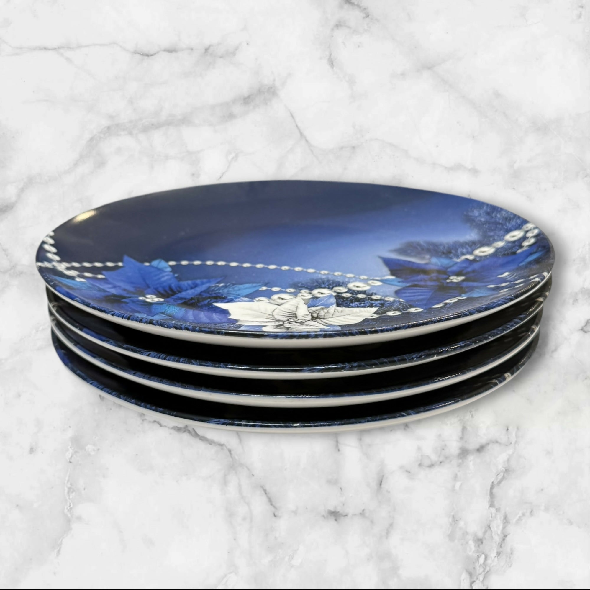 Blue Poinsettia Floral Salad Plates | Set of 4 | Vintage | Good Condition