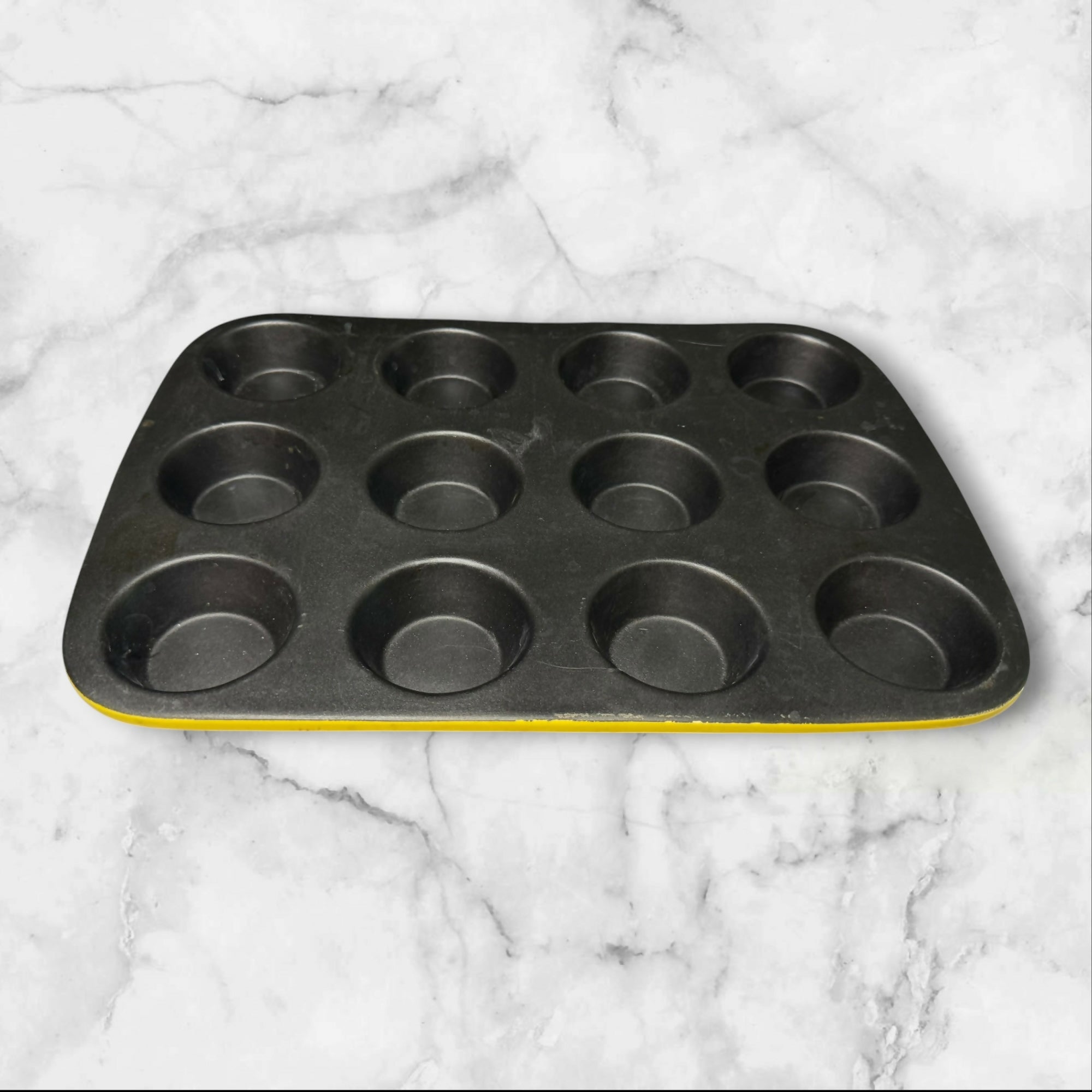 Vintage Yellow Glazed Stoneware Muffin Pan | 12 Cup | Great Used Condition