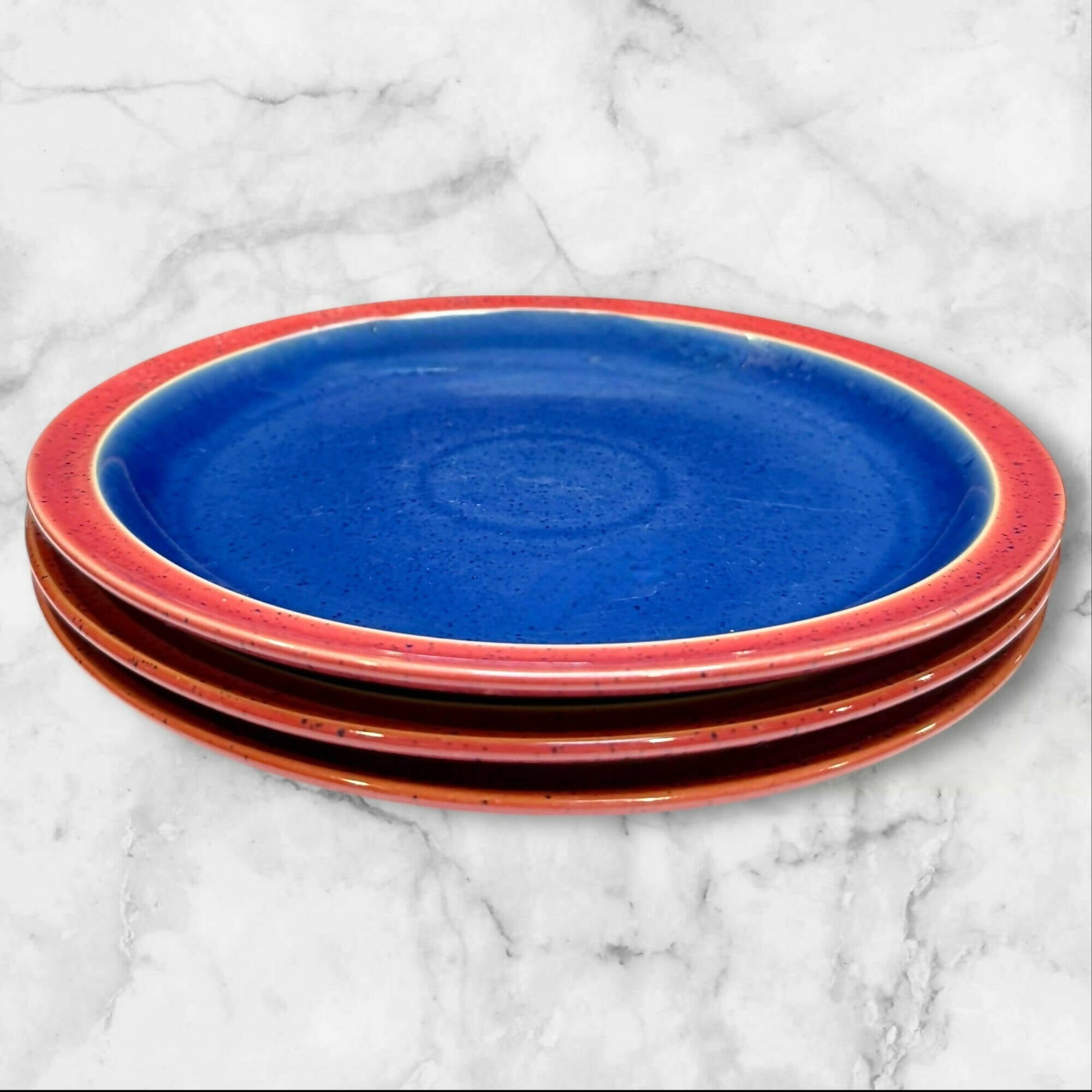 Denby Harlequin Blue Red Dinner Plates | Set of 3 | Good Condition