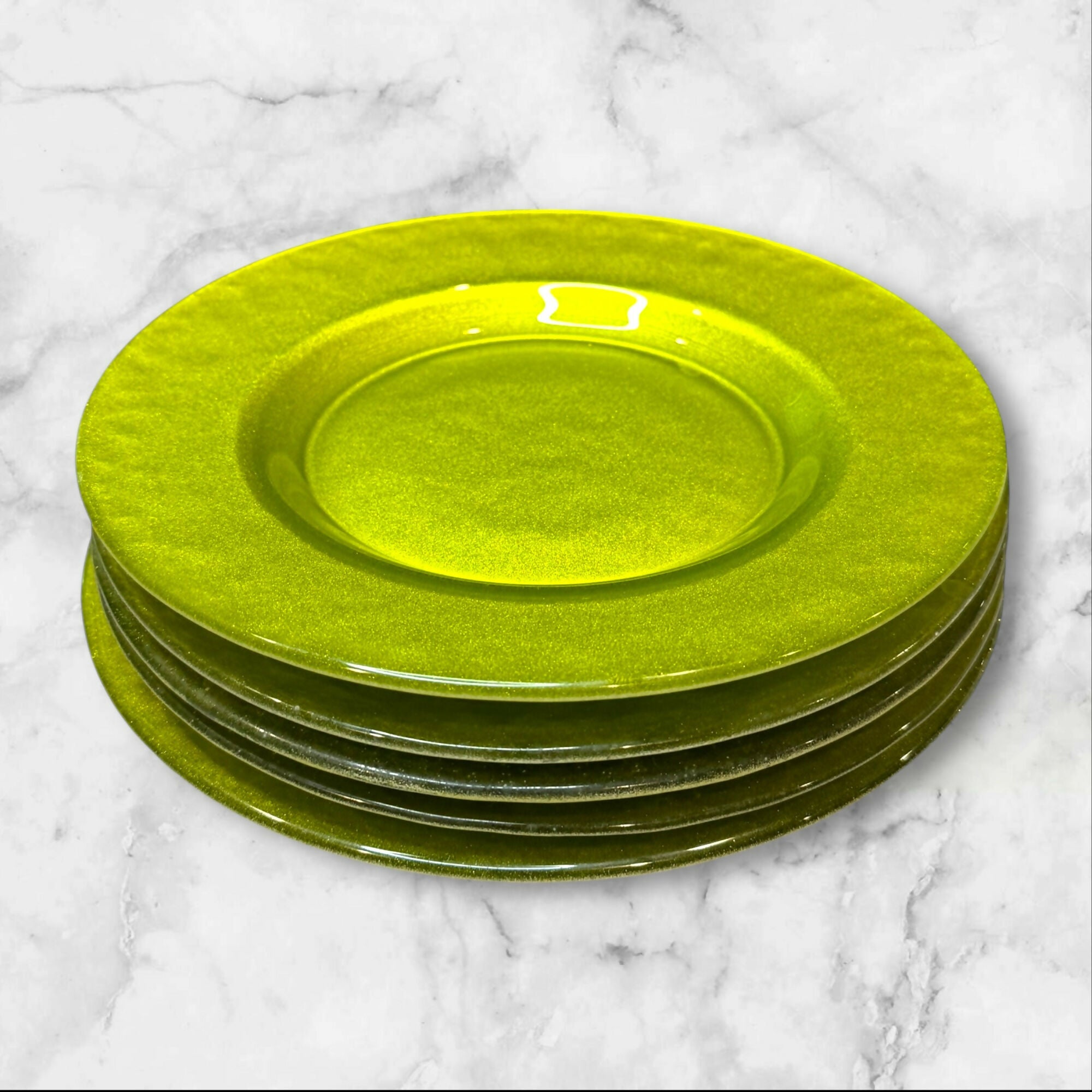 Green Glass Shimmer Salad Plates | Set of 5 | Great Condition | Modern Tableware