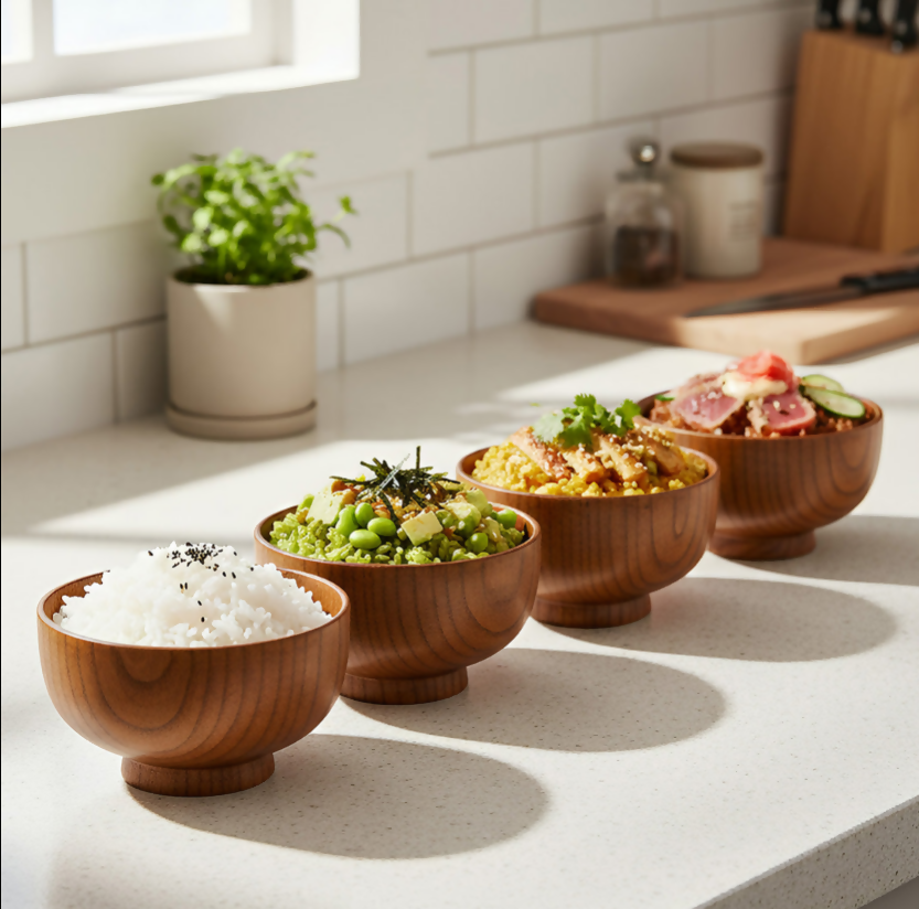 Anygleam Brown 4pcs Wooden Bowls Food Kitchen Tableware
