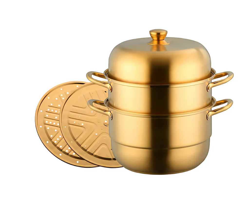 Anygleam Food Steamer Gold Three Layer Thick Stainless Steel Universal Cooking for Induction Cooker Gas Stove Steam Pot