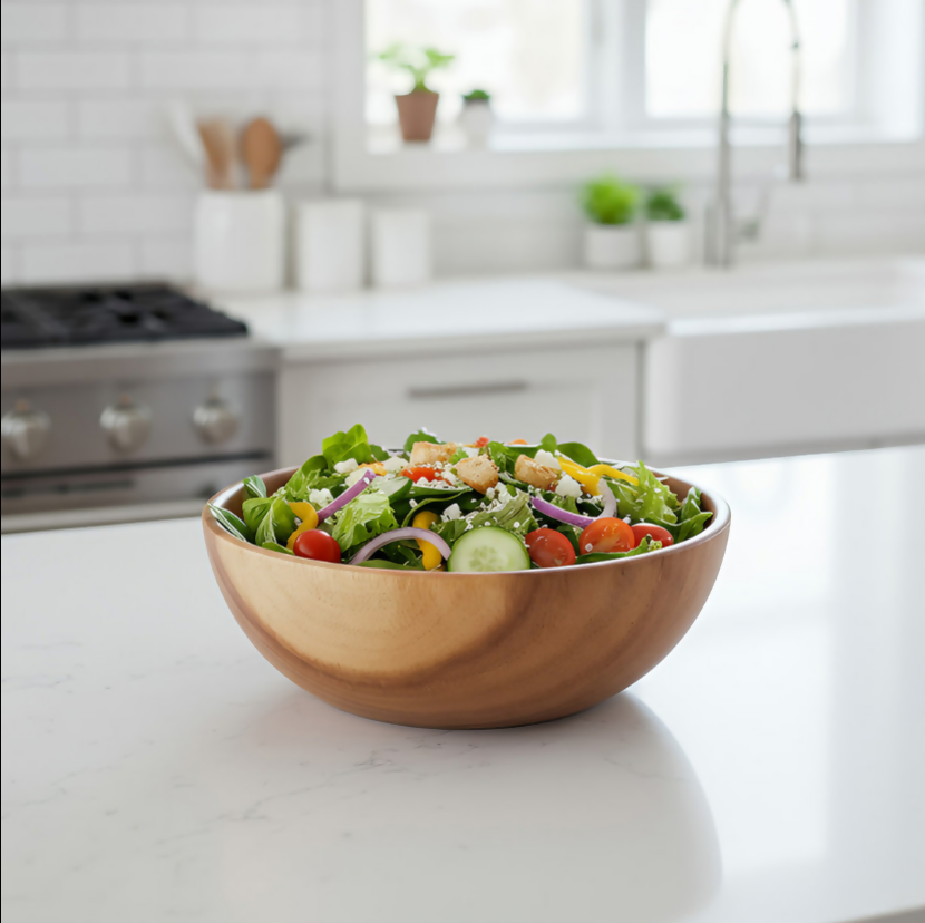 Anygleam Natural Wood Large Acacia Wood Salad Soup Bowl Food Kitchen Tableware