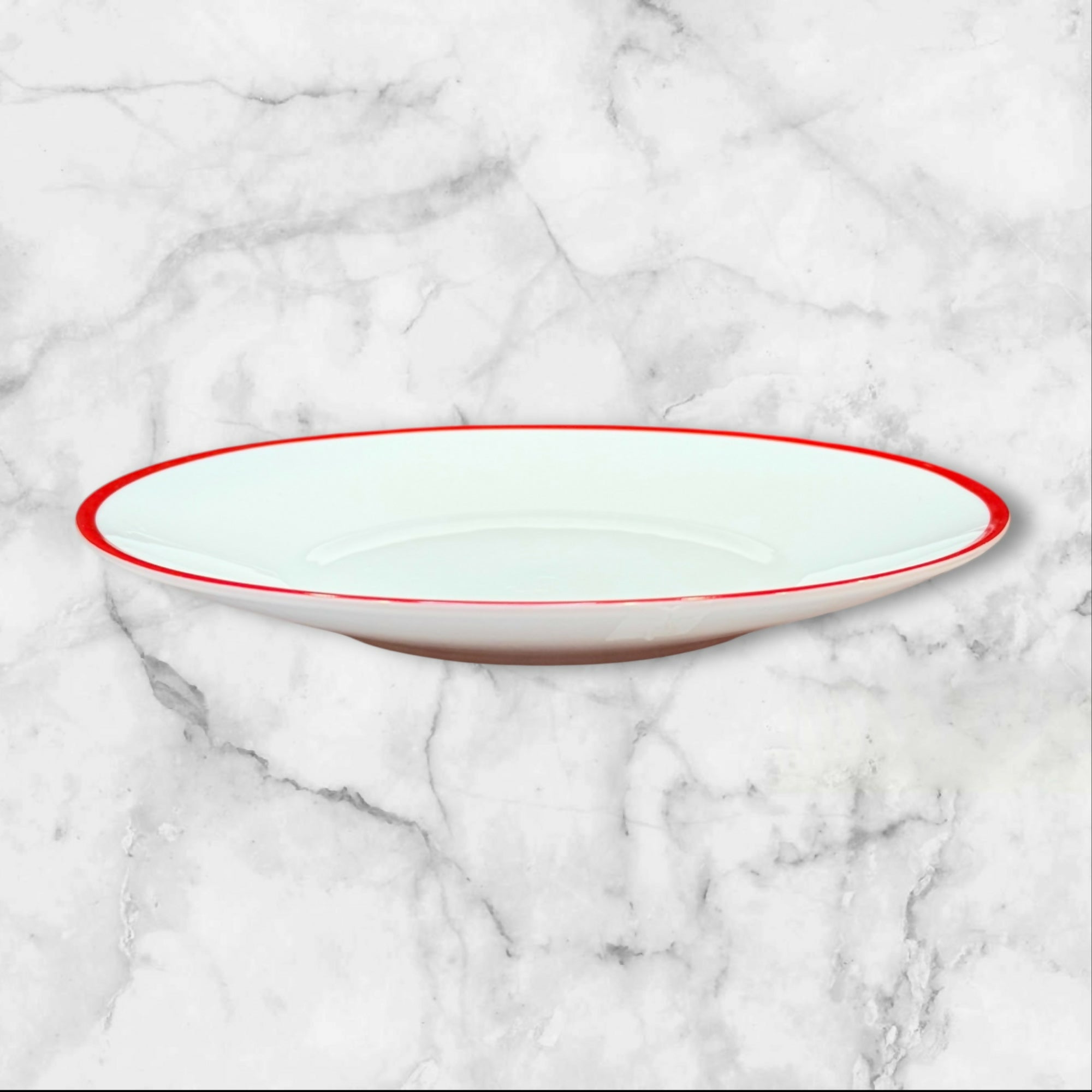 Crate & Barrel White Deep Dinner Plates Red Rim Round | Set of 3 | Excellent