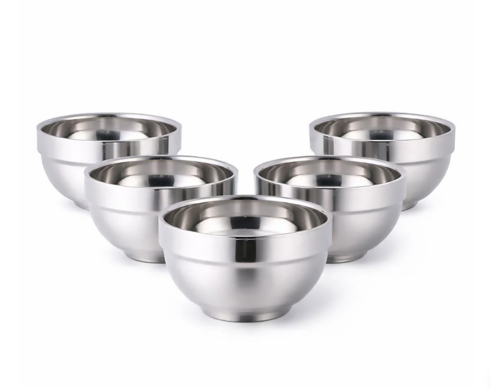 Anygleam Silver Rice Bowls – 5Pcs Small Stainless Steel, Single-Layer Anti-Scalding Cooking Utensils