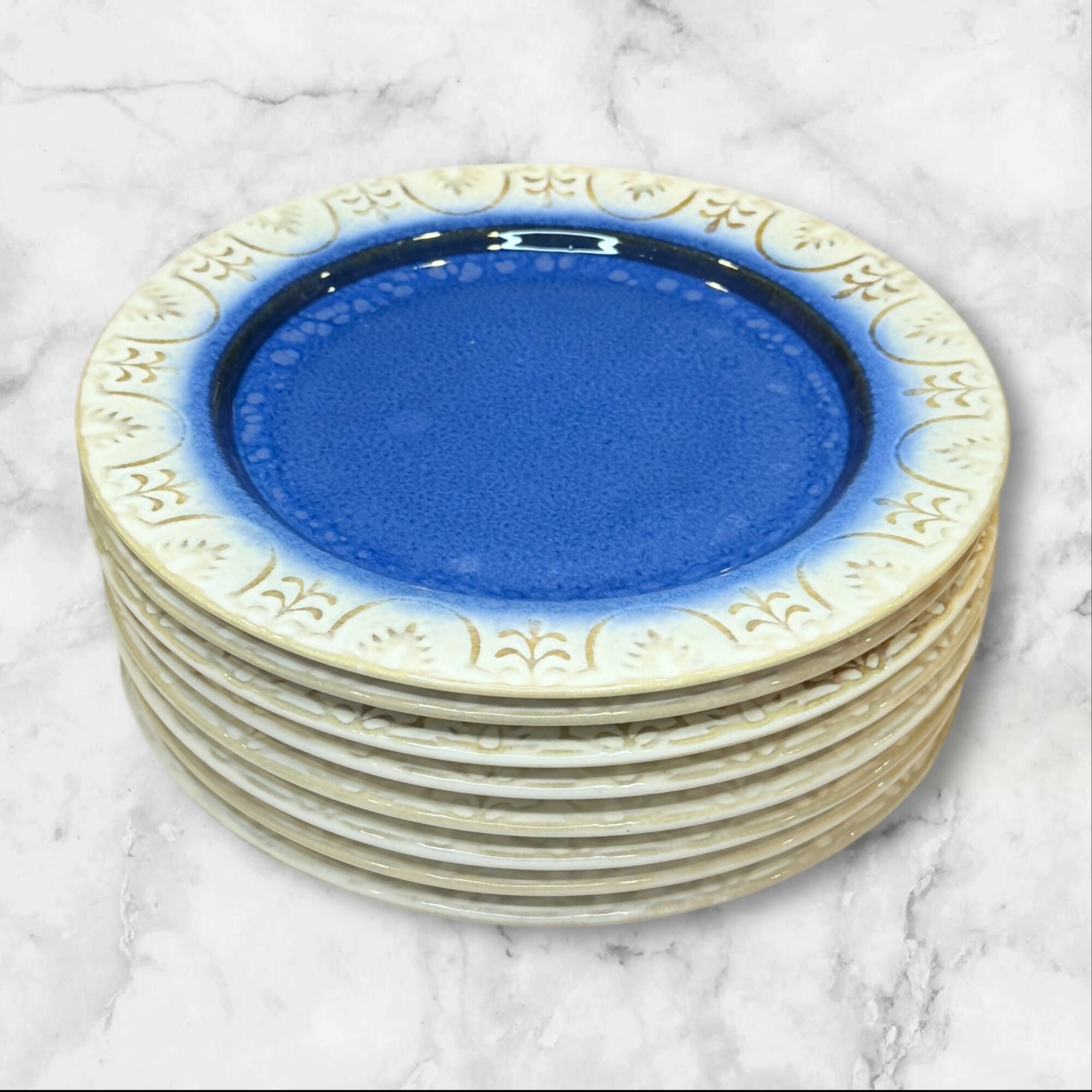 American Atelier Blue Stoneware Salad Plates | Set of 7 | Good Condition