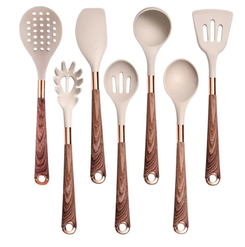 Anygleam Kitchen Utensils Non-stick Brown 7 Set Gold Plated Handle with Support Point Cooking Tool Accessories Heat Resistant Kitchenware