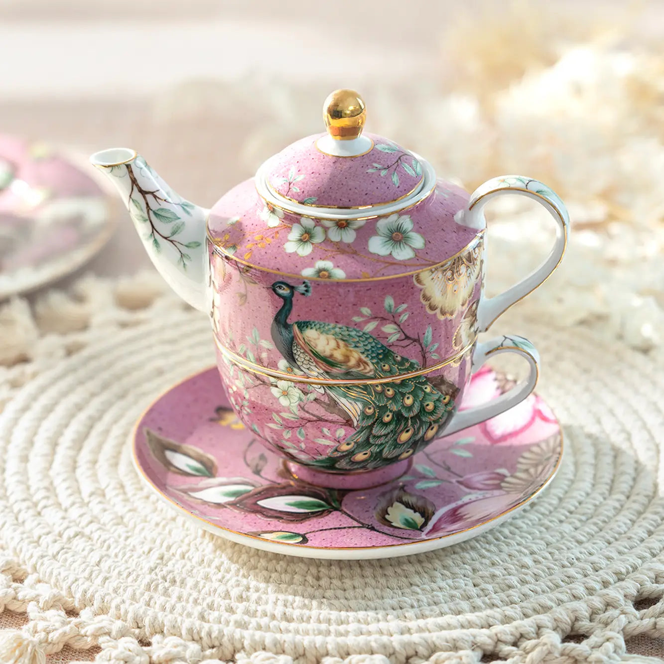 Grace Teaware Peacock Lotus Tea for One Set | Pink Gold Trim