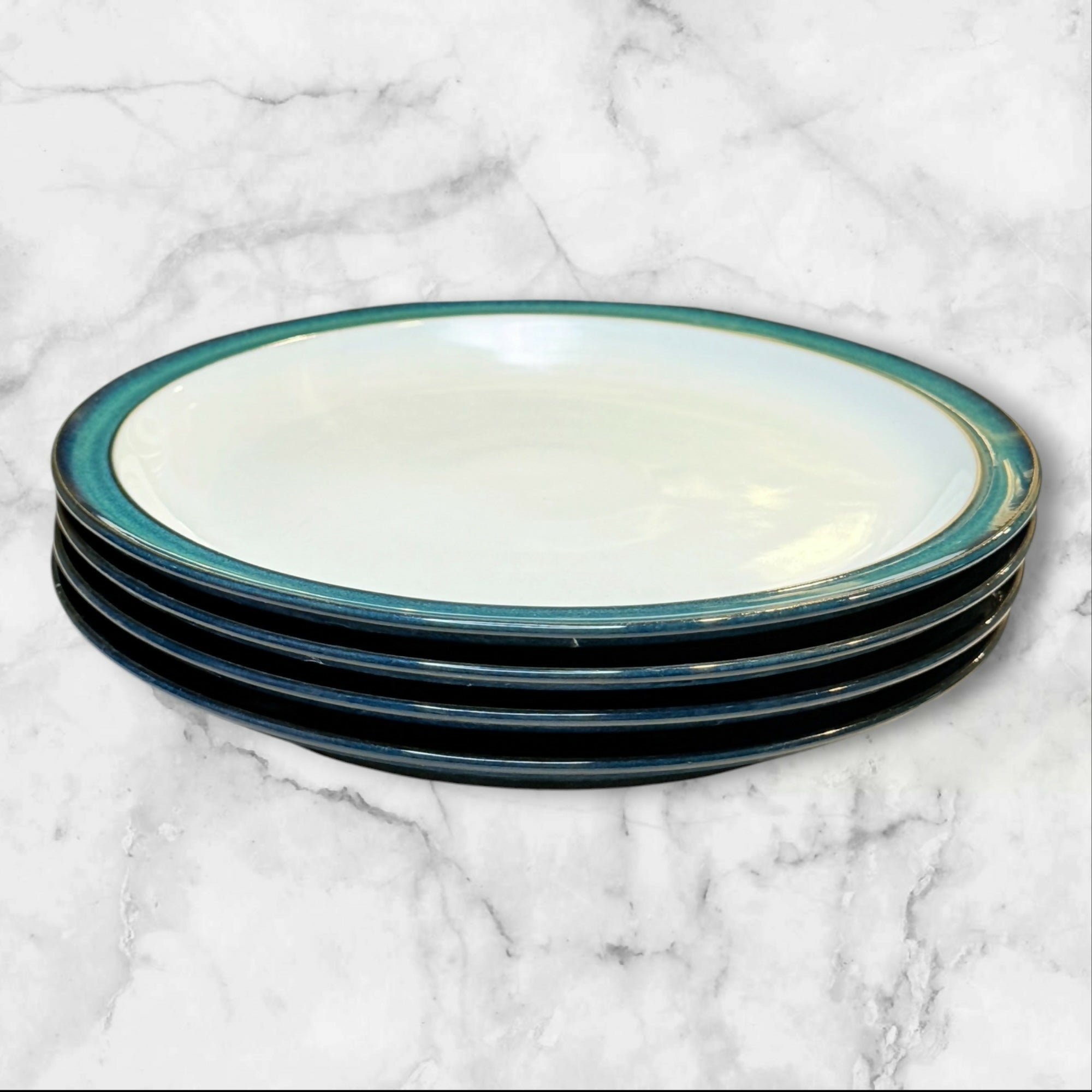 Denby Langley Greenwich Dinner Plates Set of 4 Green Rim 10.25” Stoneware