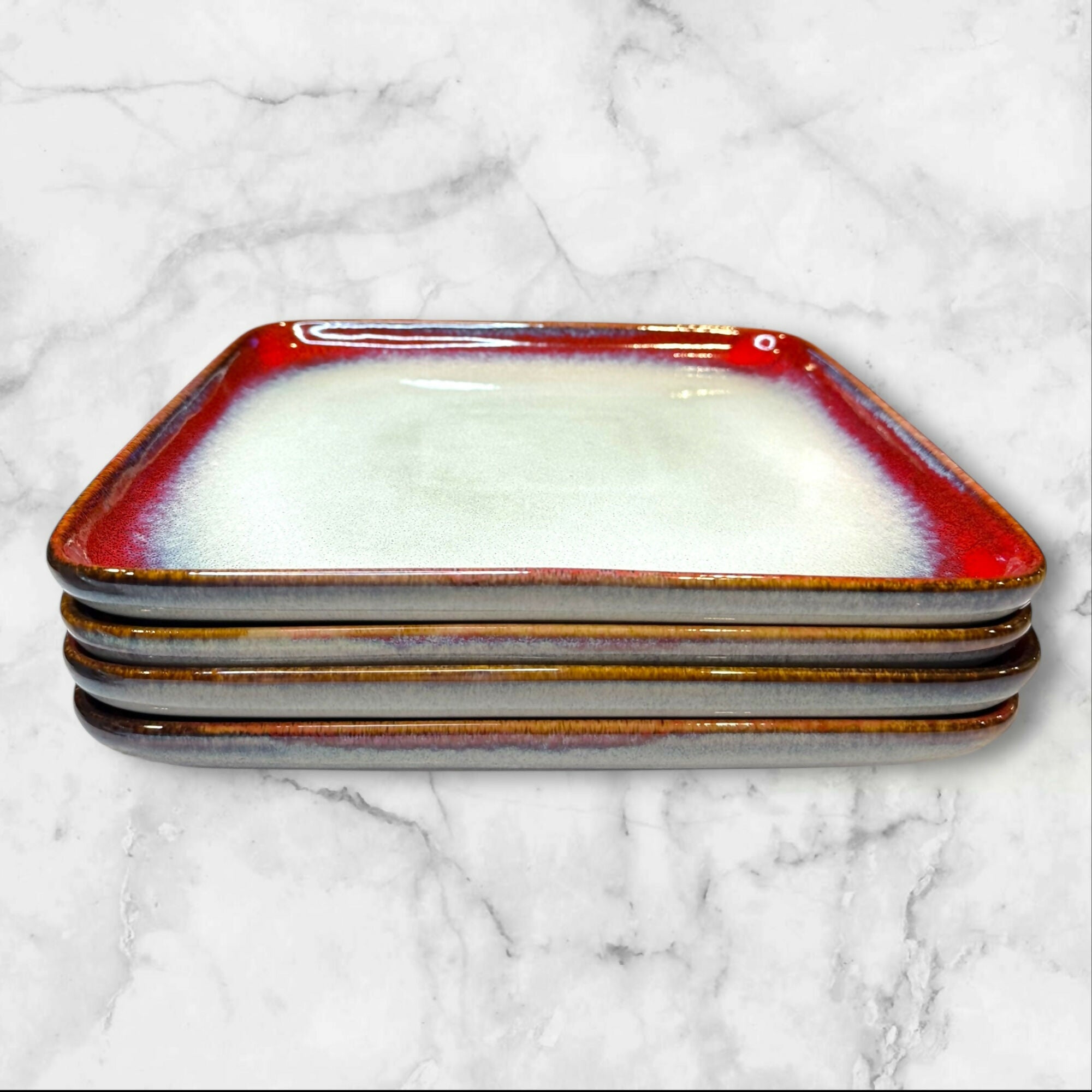 Henxfen Lead Reactive Red Square Dinner Plates | Set of 4 | Excellent Condition