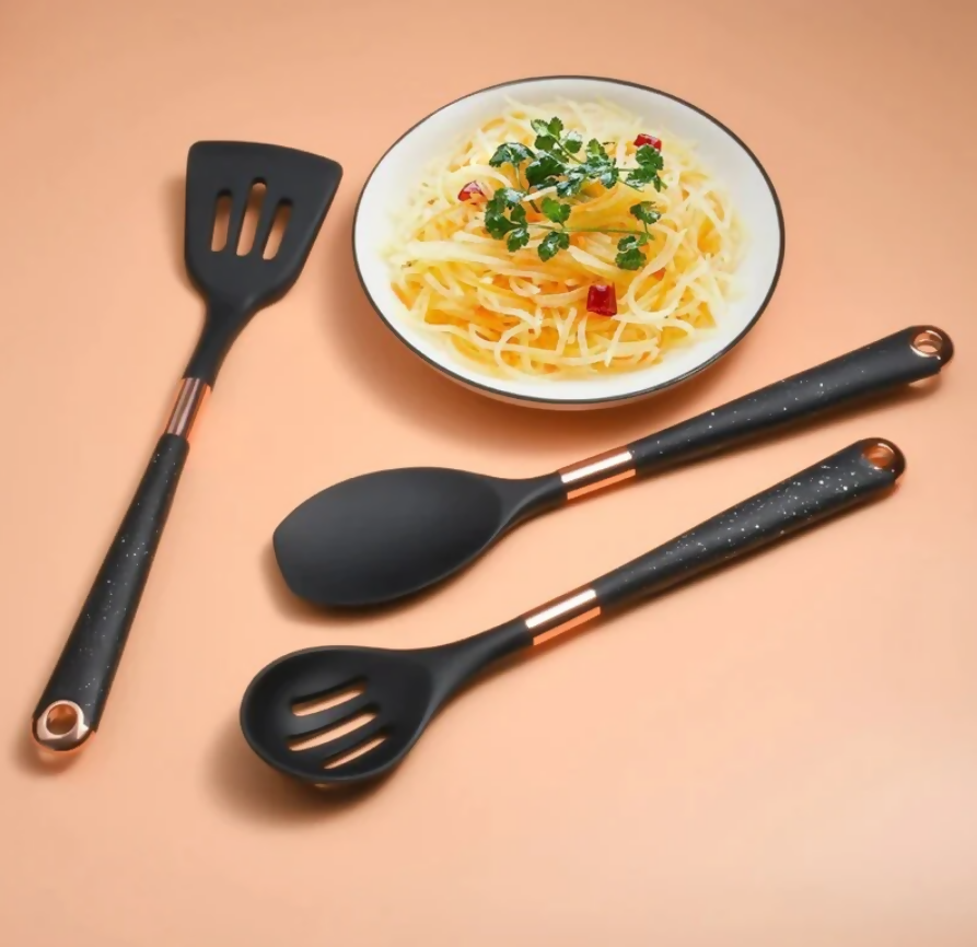 Anygleam Kitchen Utensils Non-stick Black 10 Set Gold Plated Handle with Support Point and Storage Box Cooking Tool Accessories Heat Resistant Kitchenware
