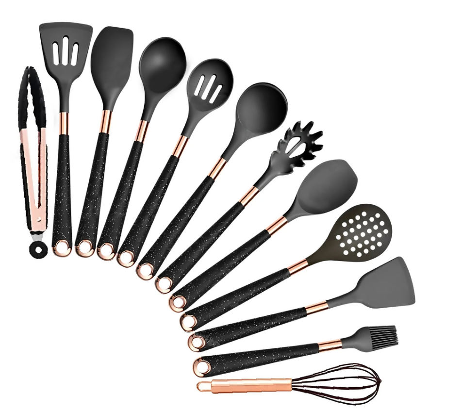 Anygleam Kitchen Utensils Non-stick Black 12 Set Gold Plated Handle with Support Point Cooking Tool Accessories Heat Resistant Kitchenware