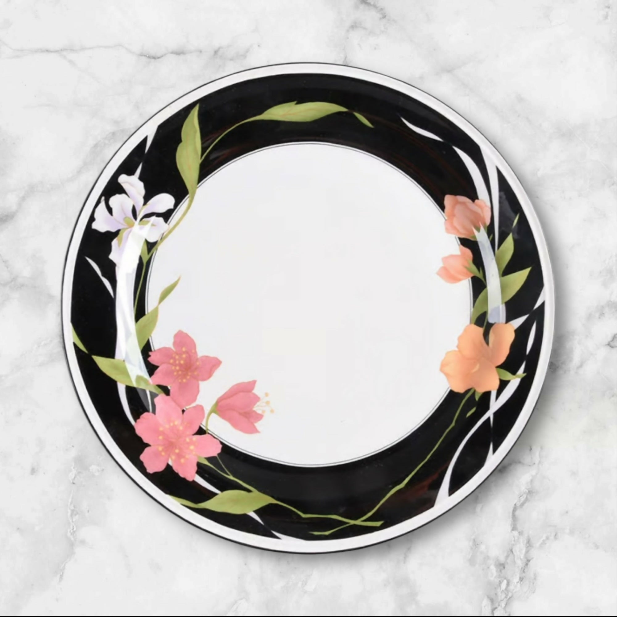 Sango Memories Dinner Plates Set of 4 Floral Black Rim EUC