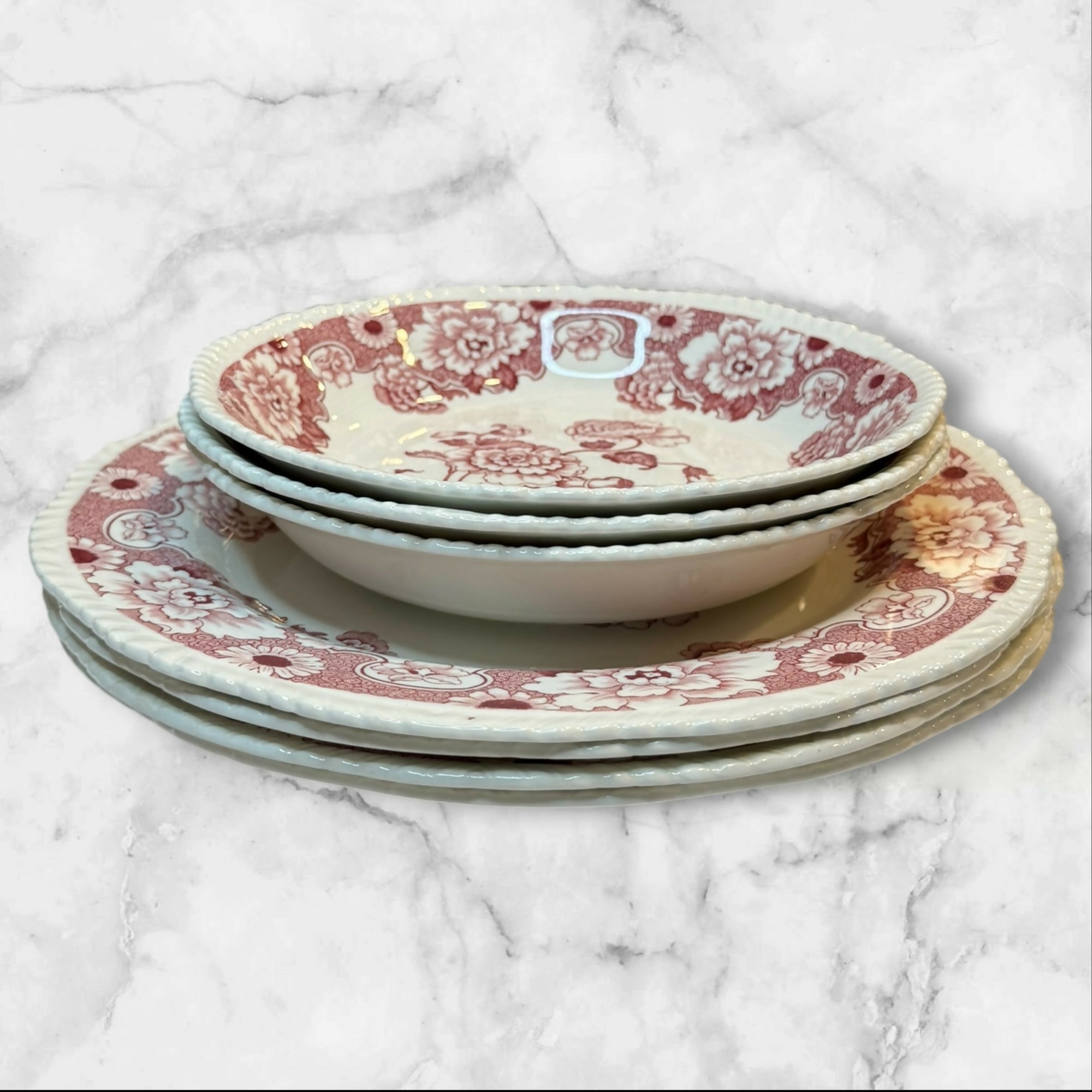 Wood & Sons Cambridge Pink Transferware Dinnerware Set of 7 | Good Condition