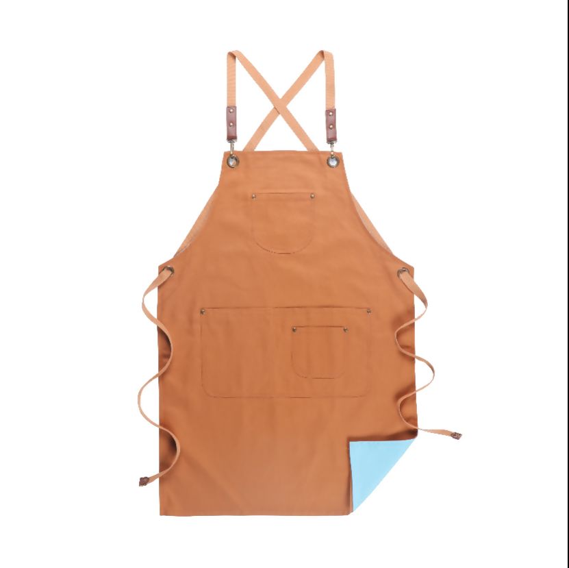 Anypron Khaki Blue Cooking Apron for Men Women Chef Cafe Workwear