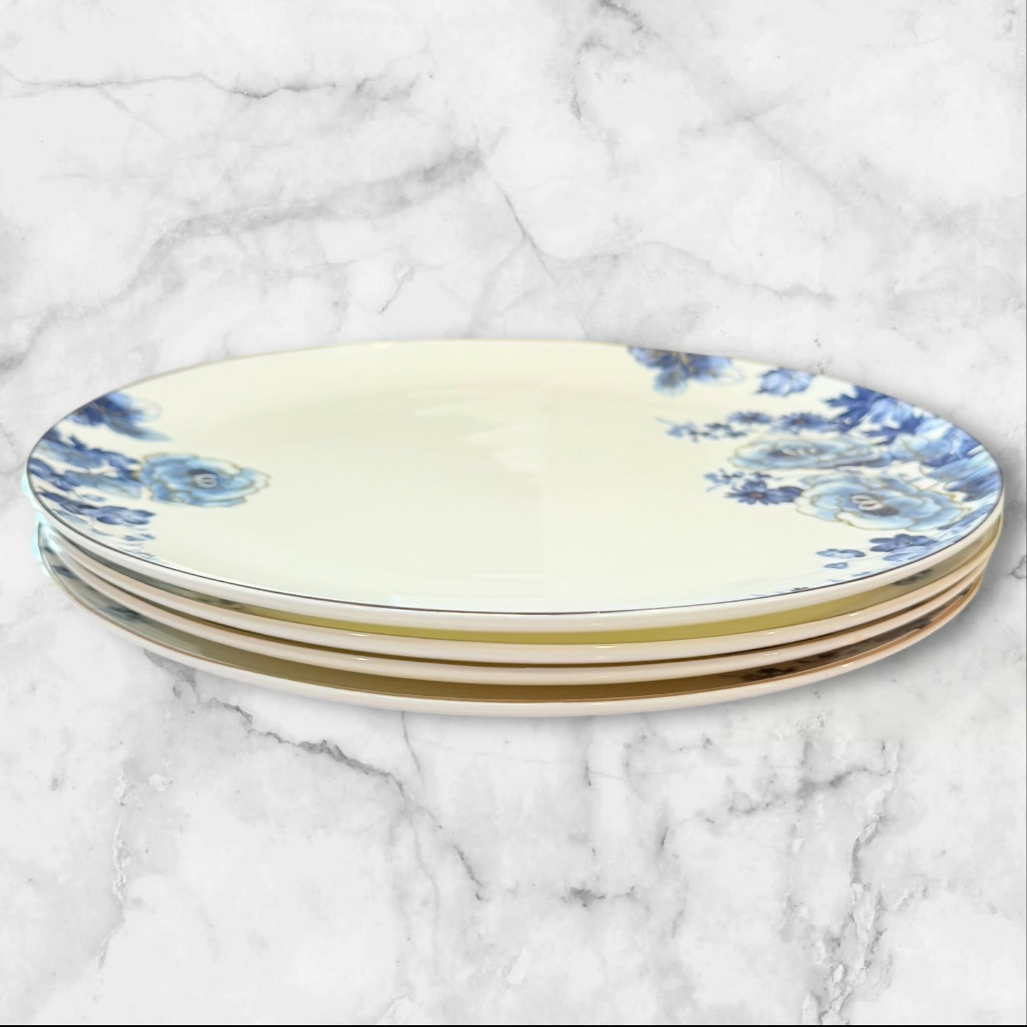 Vintage Blue Floral Porcelain Salad Plates | Set of 4 | Excellent