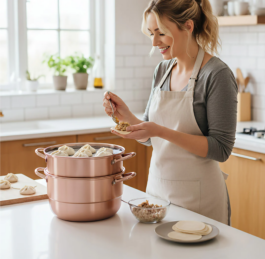 Anygleam Food Steamer Rose Gold Three Layer Thick Stainless Steel Universal Cooking for Induction Cooker Gas Stove Steam Pot