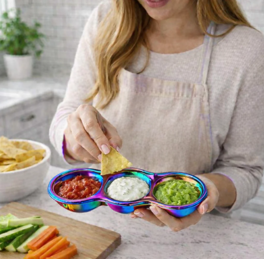 Anygleam Pink Rainbow Stainless Steel 3-Grid Sauce Dish – Seasoning & Dipping Plates for Kitchenware