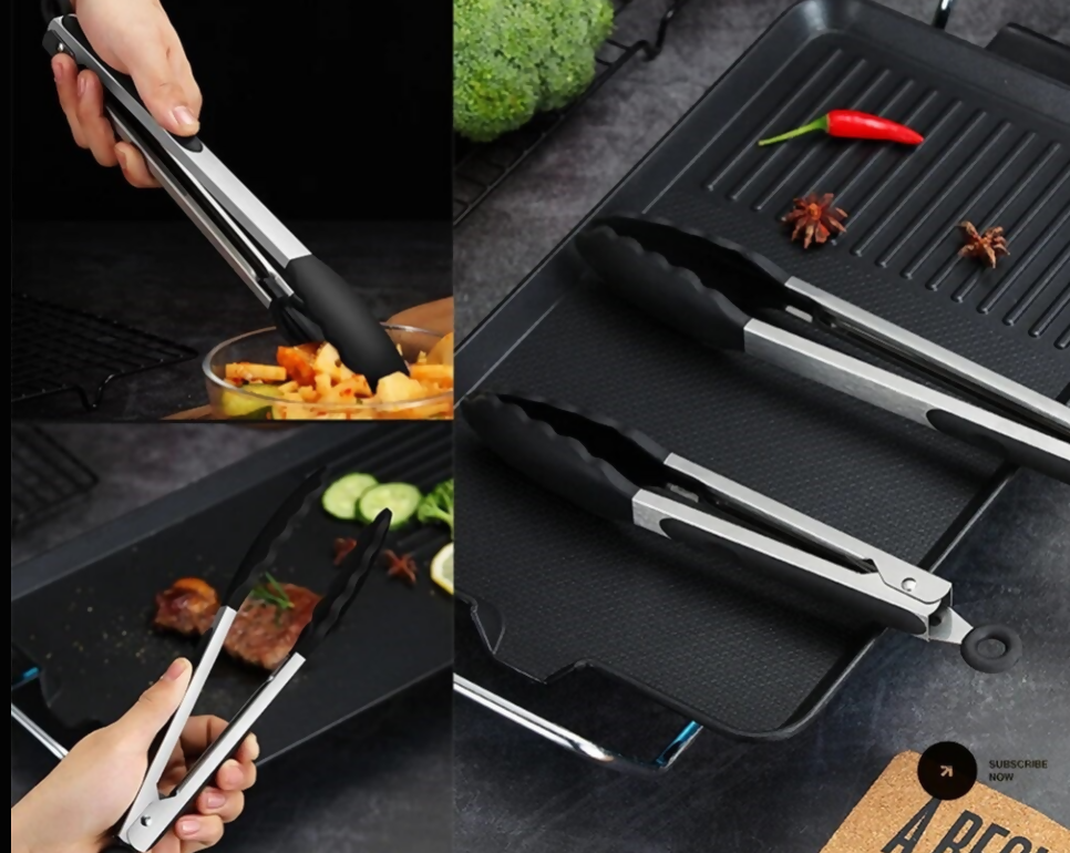 Anygleam Tong Stainless Steel Small Black Handle Clip Heat Resistant Cooking Baking Salad Steak Kitchen Gadget