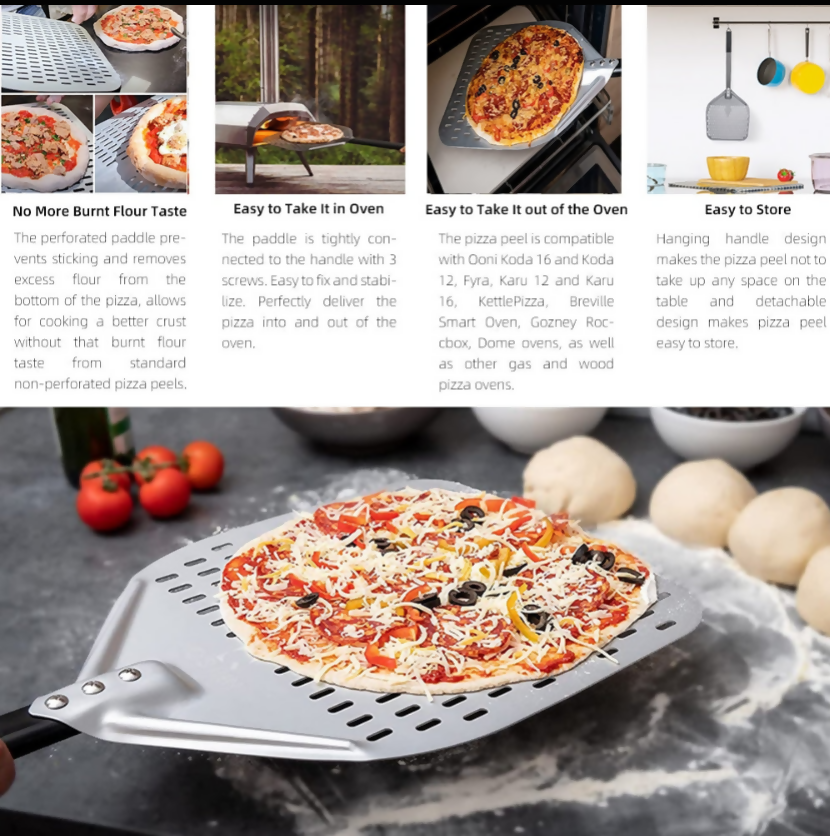 Anygleam Pizza Shovel 35 cm X 116cm Silver for Perforated Peel with Metal Handle Oven Turning Baking Accessory